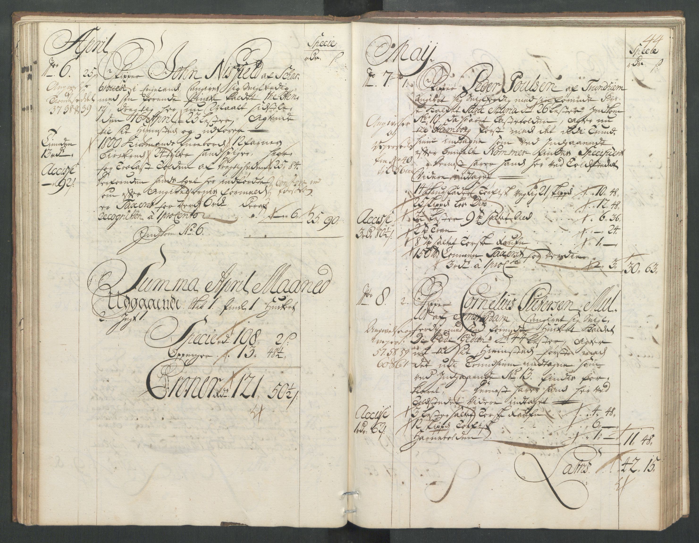 Generaltollkammeret, tollregnskaper, RA/EA-5490/R32/L0004/0001: Tollregnskaper Kristiansund / Hovedtollbok, 1731, p. 43b-44a