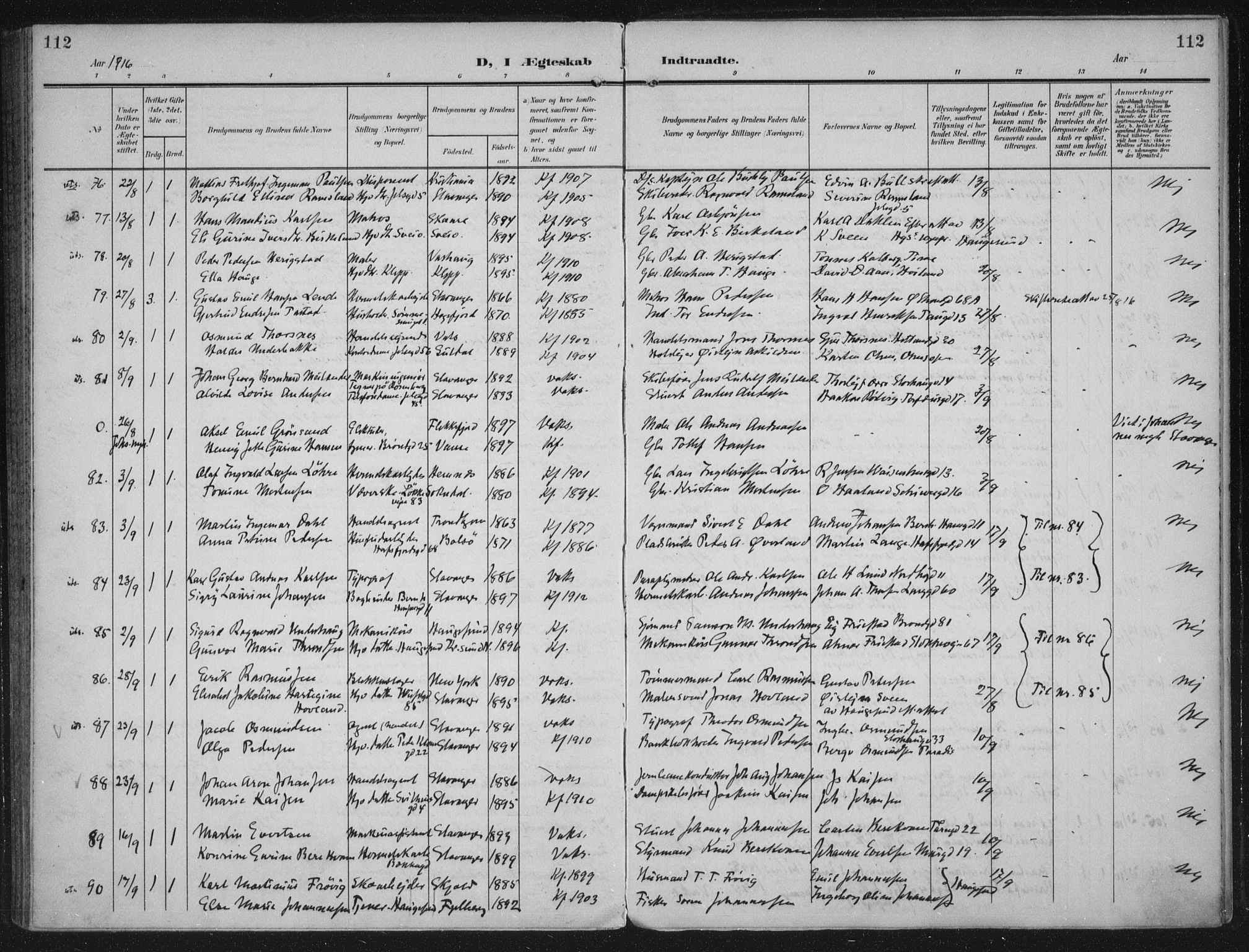 Domkirken sokneprestkontor, AV/SAST-A-101812/002/A/L0016: Parish register (official) no. A 33, 1905-1922, p. 112