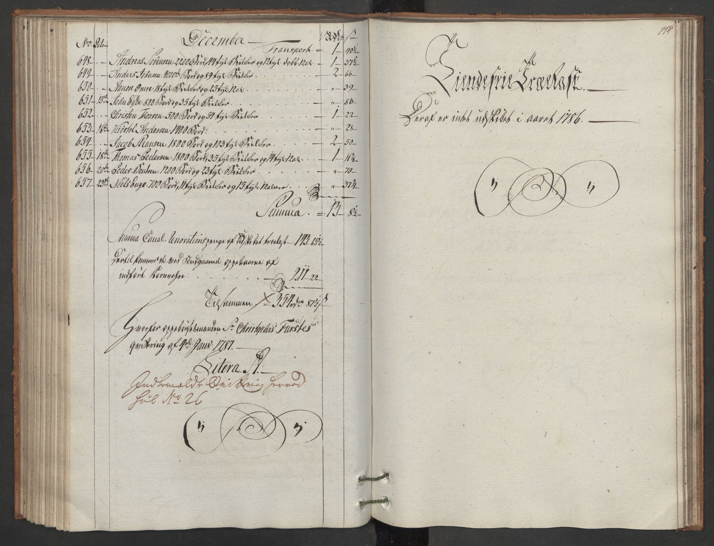 Generaltollkammeret, tollregnskaper, RA/EA-5490/R15/L0105/0002: Tollregnskaper Arendal / Utgående hovedtollbok, 1786, p. 173b-174a