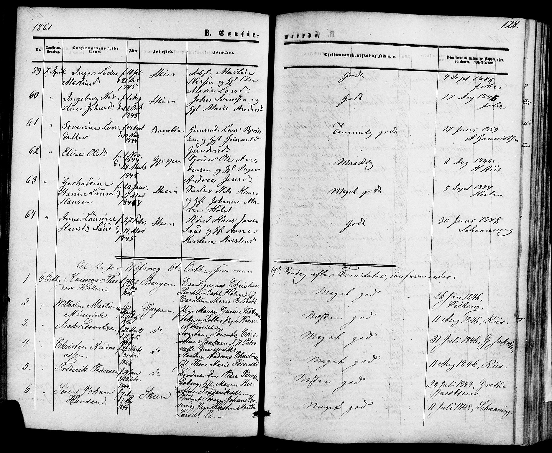 Skien kirkebøker, SAKO/A-302/F/Fa/L0007: Parish register (official) no. 7, 1856-1865, p. 128