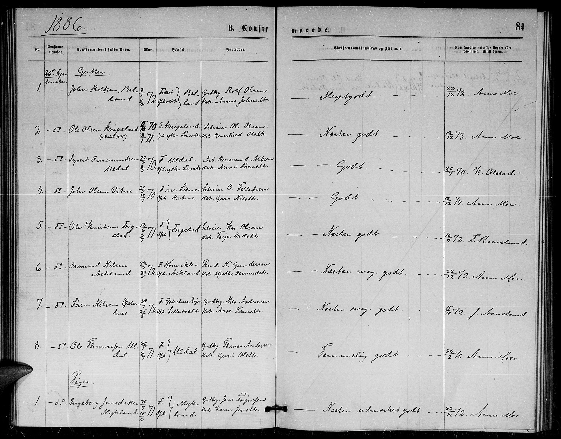 Herefoss sokneprestkontor, AV/SAK-1111-0019/F/Fa/Fac/L0001: Parish register (official) no. A 1, 1871-1886, p. 84