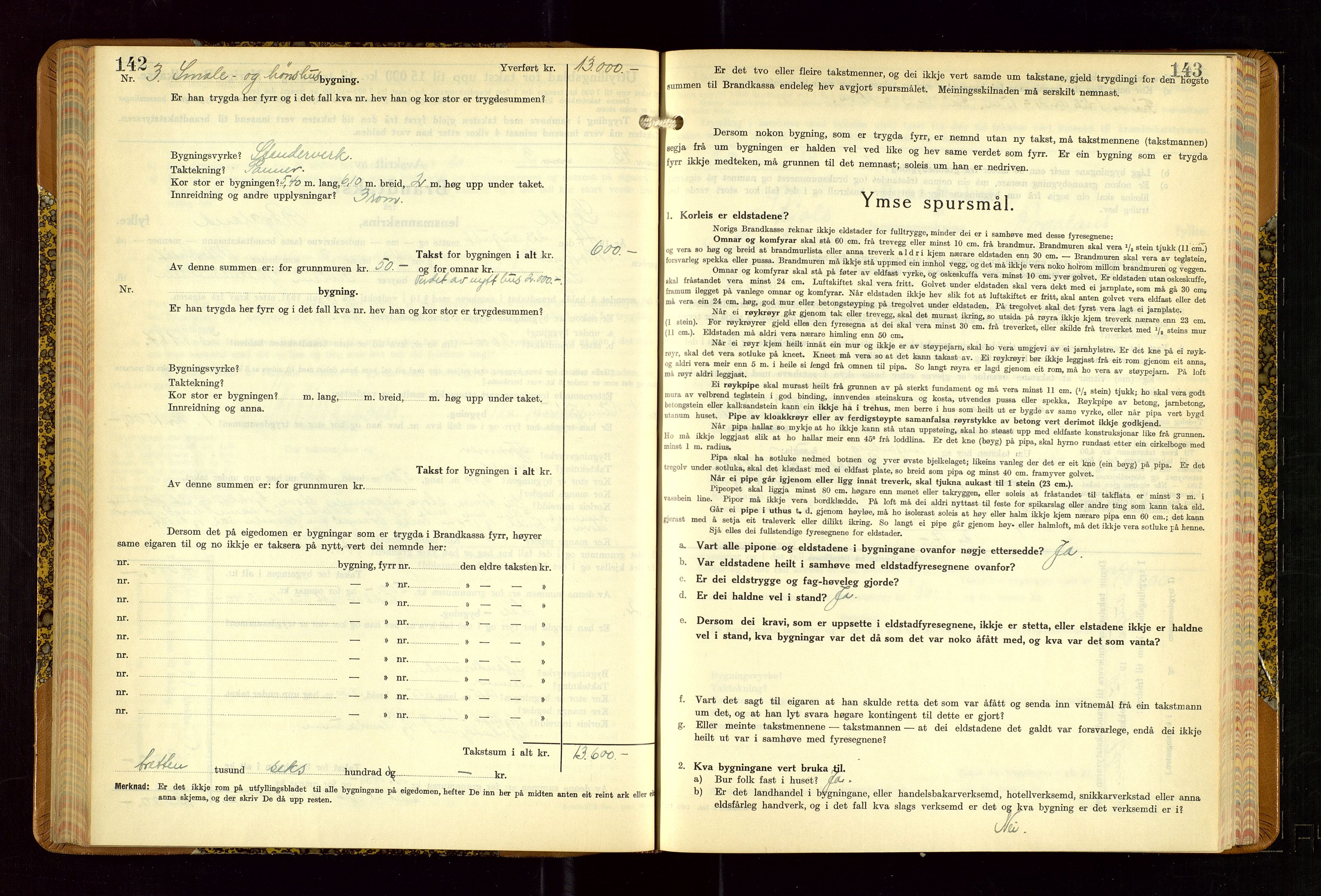 Skjold lensmannskontor, SAST/A-100182/Gob/L0002: "Branntakstbok for Skjold lensmannskrins Rogaland fylke", 1939-1952, p. 142-143