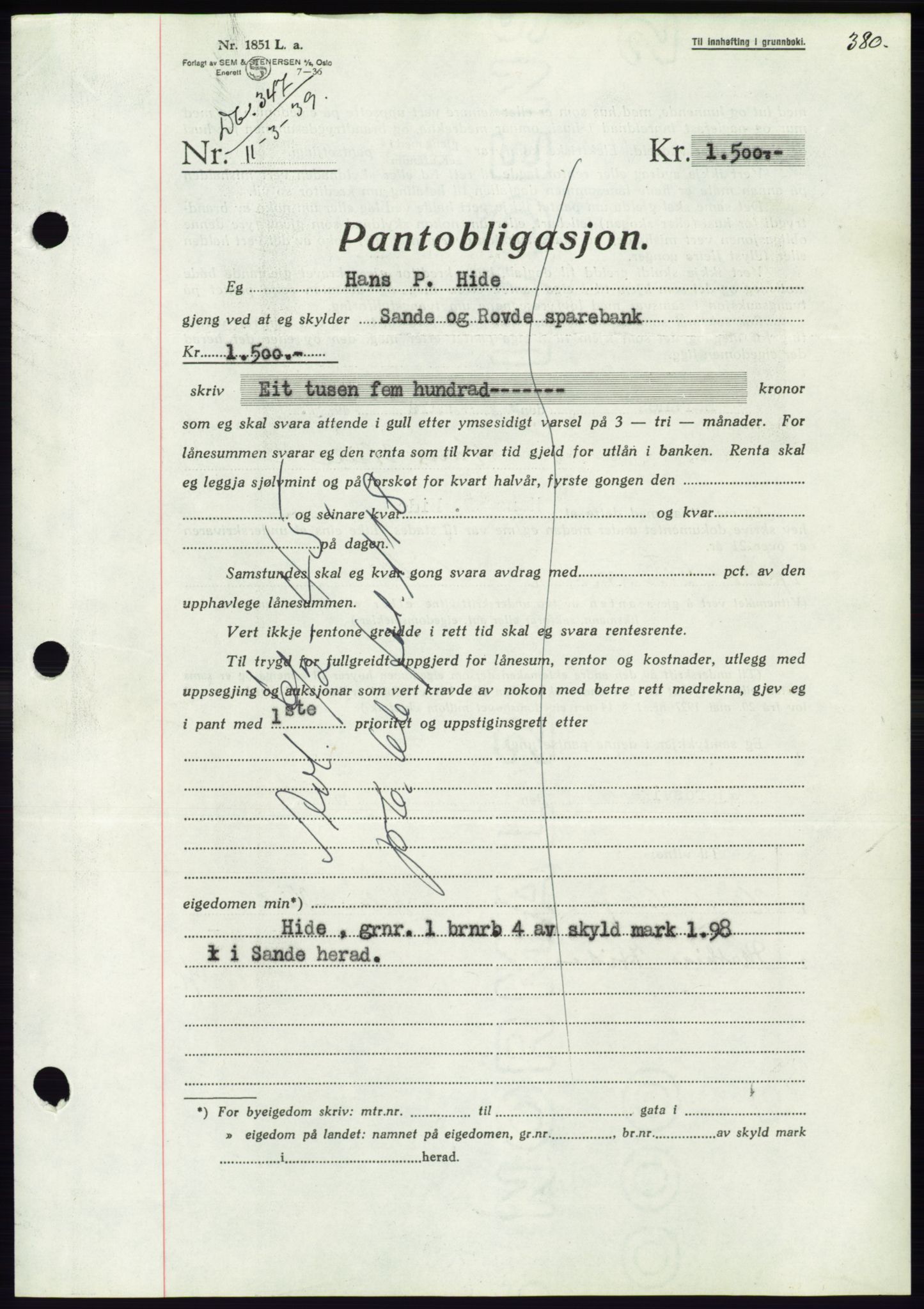 Søre Sunnmøre sorenskriveri, AV/SAT-A-4122/1/2/2C/L0067: Mortgage book no. 61, 1938-1939, Diary no: : 347/1939