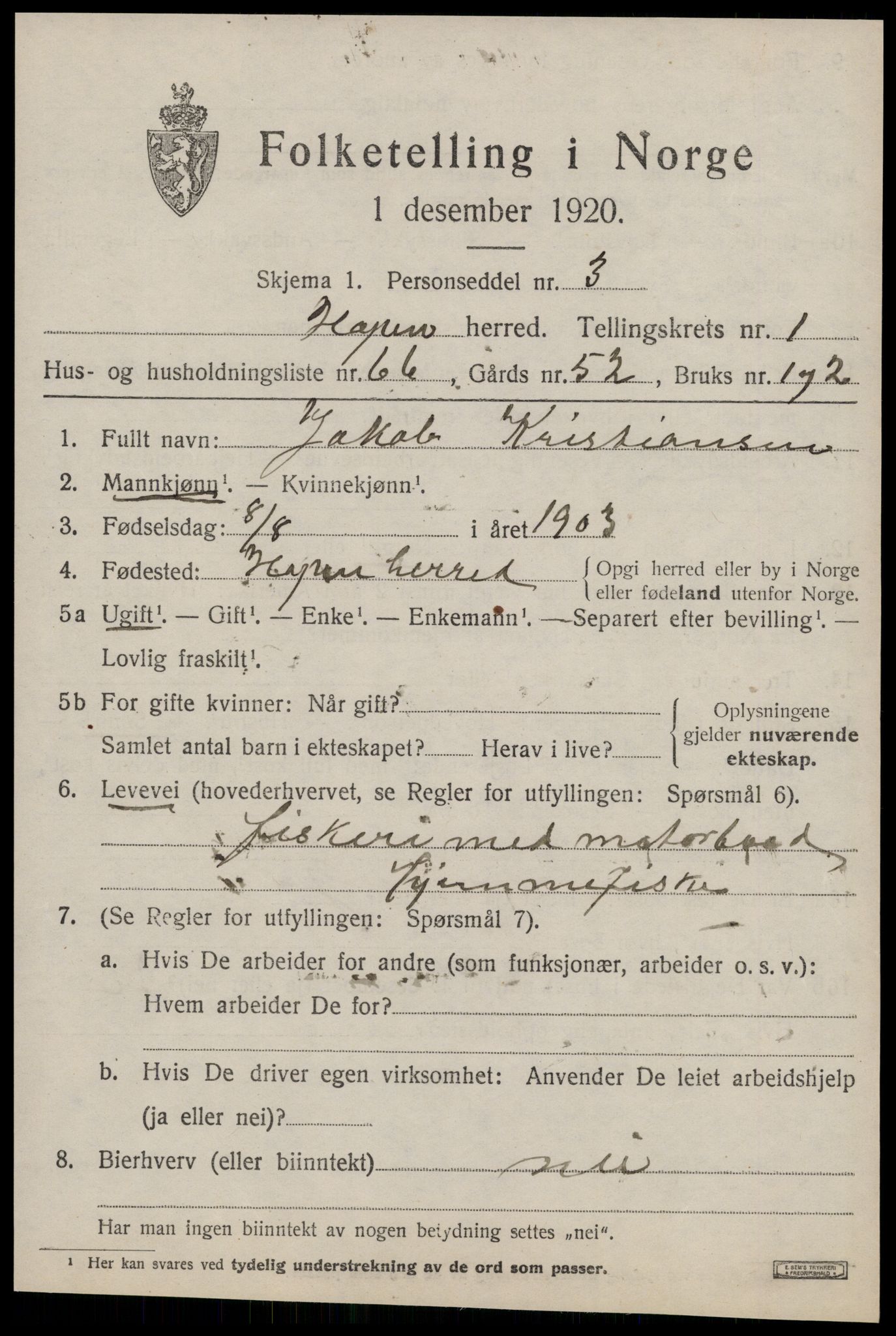 SAT, 1920 census for Hopen, 1920, p. 1262