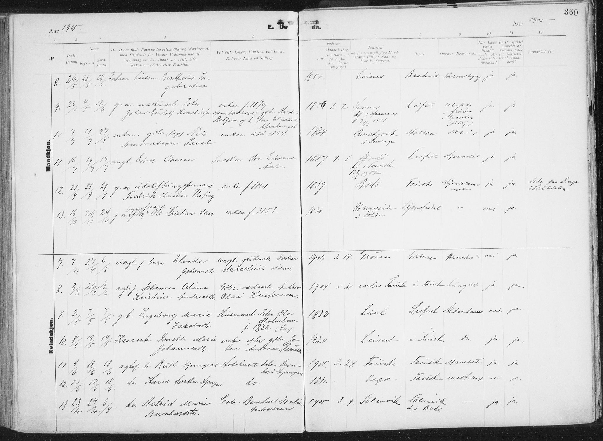 Ministerialprotokoller, klokkerbøker og fødselsregistre - Nordland, AV/SAT-A-1459/849/L0696: Parish register (official) no. 849A08, 1898-1910, p. 360