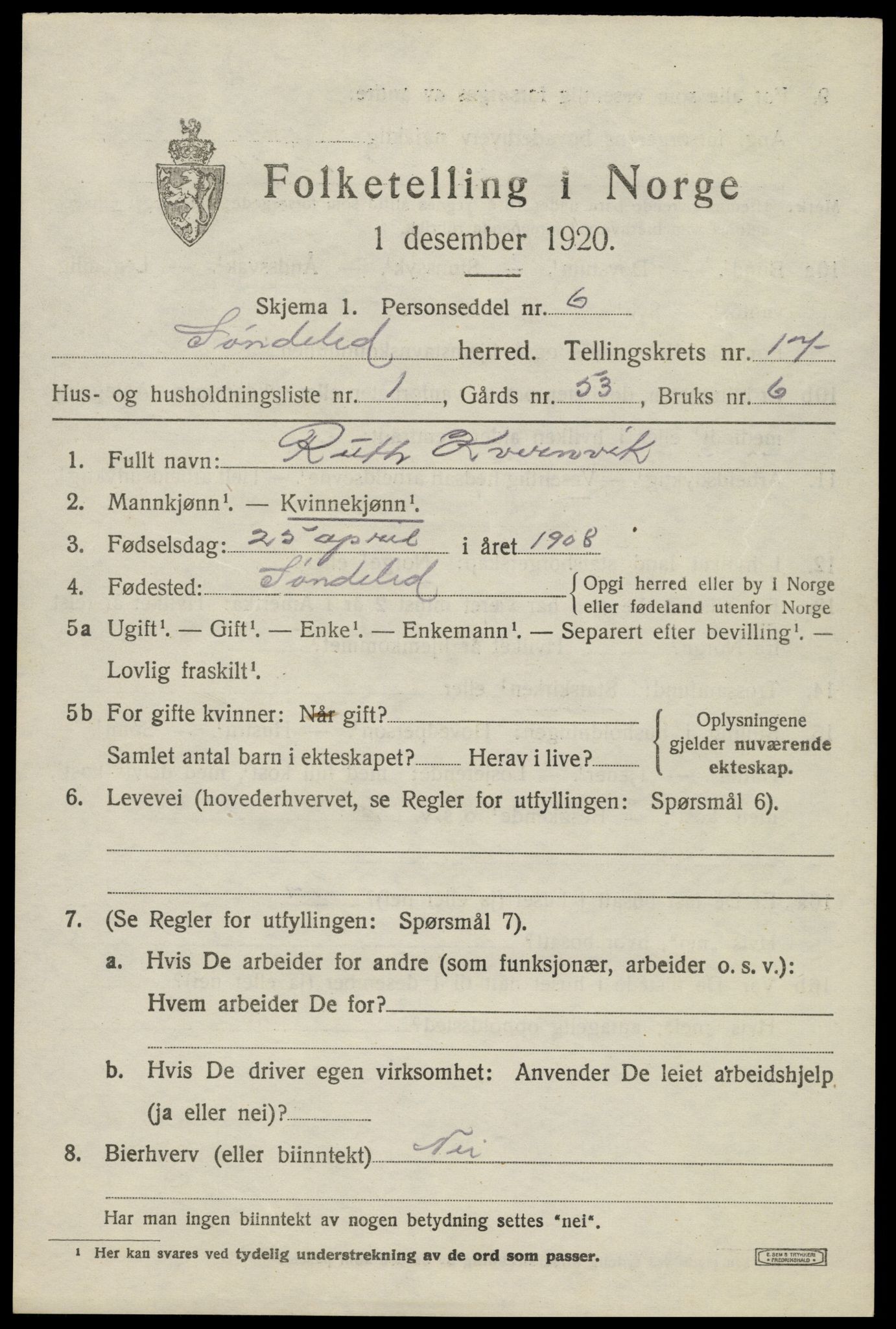 SAK, 1920 census for Søndeled, 1920, p. 7323