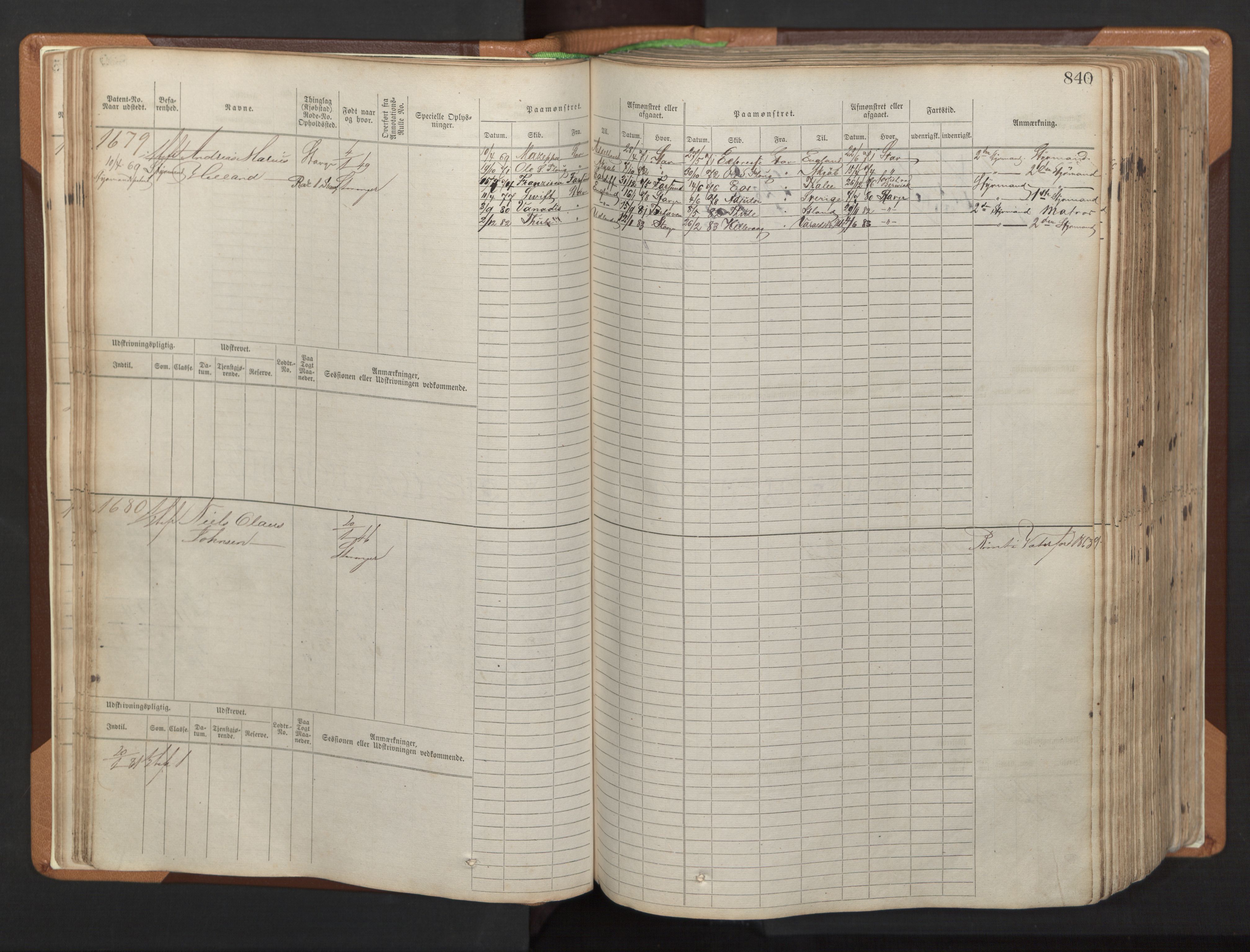 Stavanger sjømannskontor, AV/SAST-A-102006/F/Fb/Fbb/L0006: Sjøfartshovedrulle, patentnr. 1607-2402 (del 3), 1869-1880, p. 39