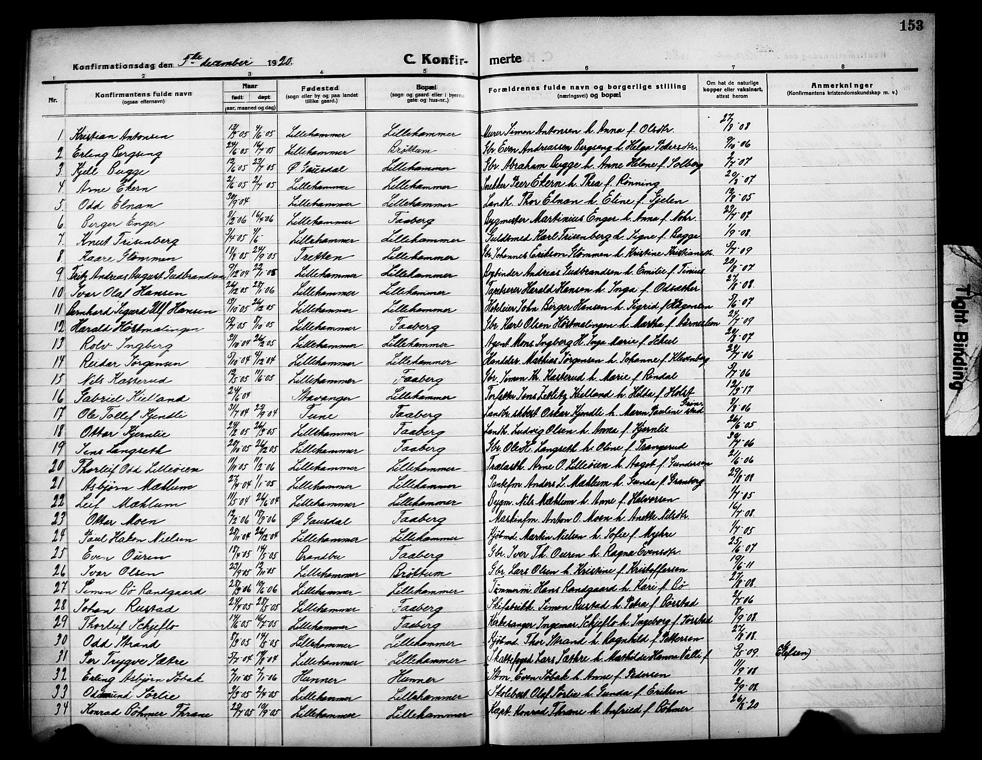 Lillehammer prestekontor, AV/SAH-PREST-088/H/Ha/Hab/L0002: Parish register (copy) no. 2, 1913-1929, p. 153