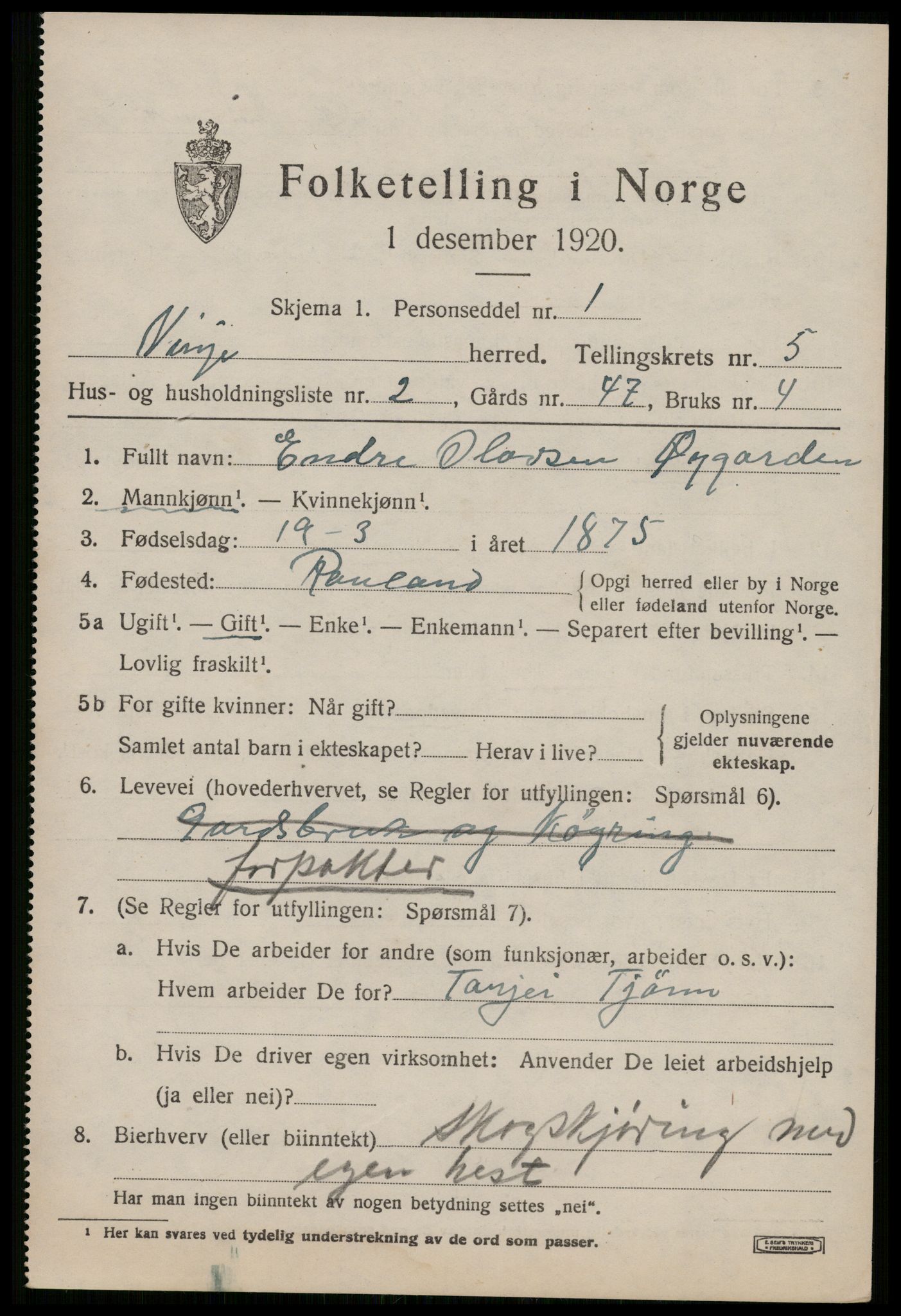 SAKO, 1920 census for Vinje, 1920, p. 1615
