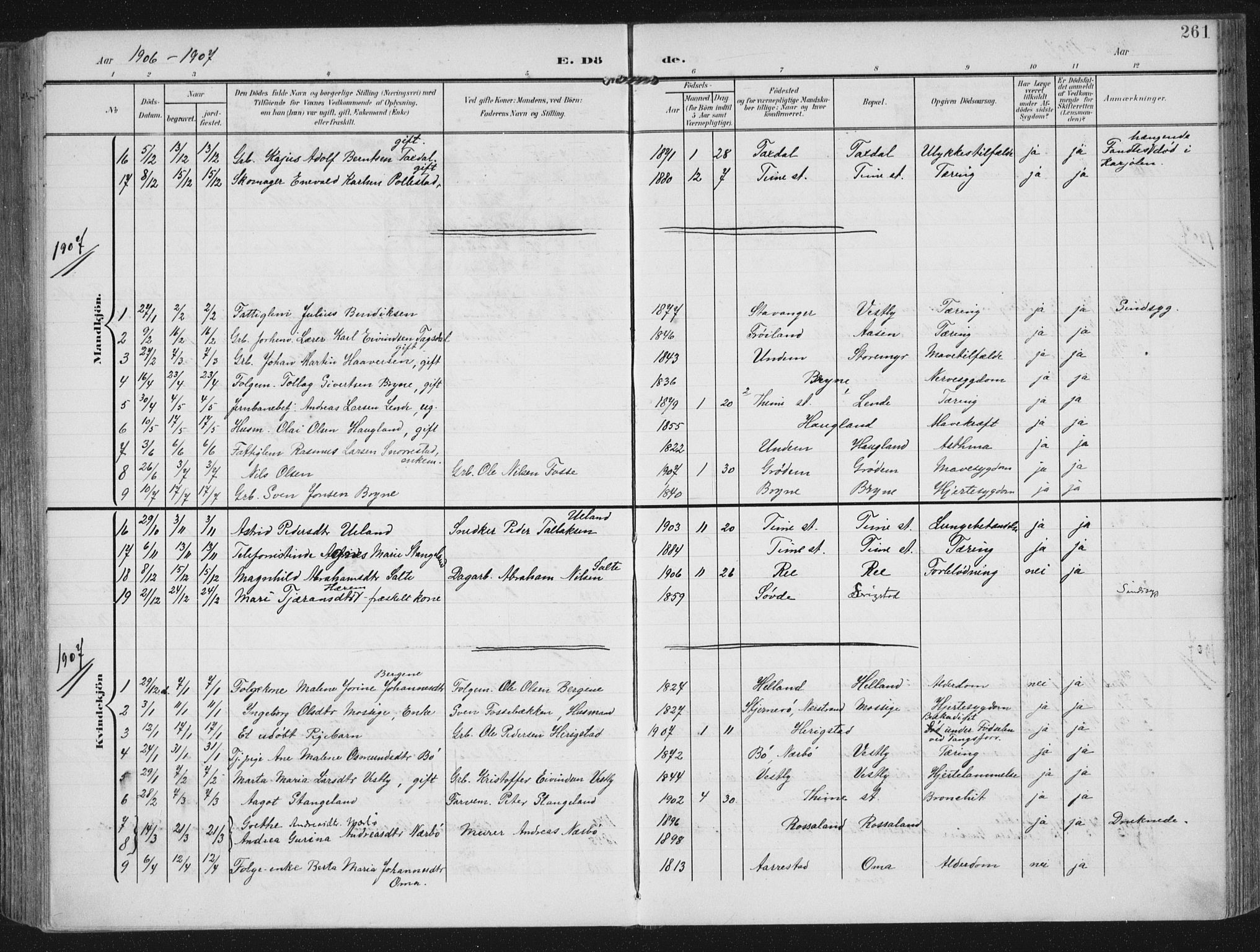 Lye sokneprestkontor, SAST/A-101794/002/A/L0001: Parish register (official) no. A 12, 1904-1920, p. 261