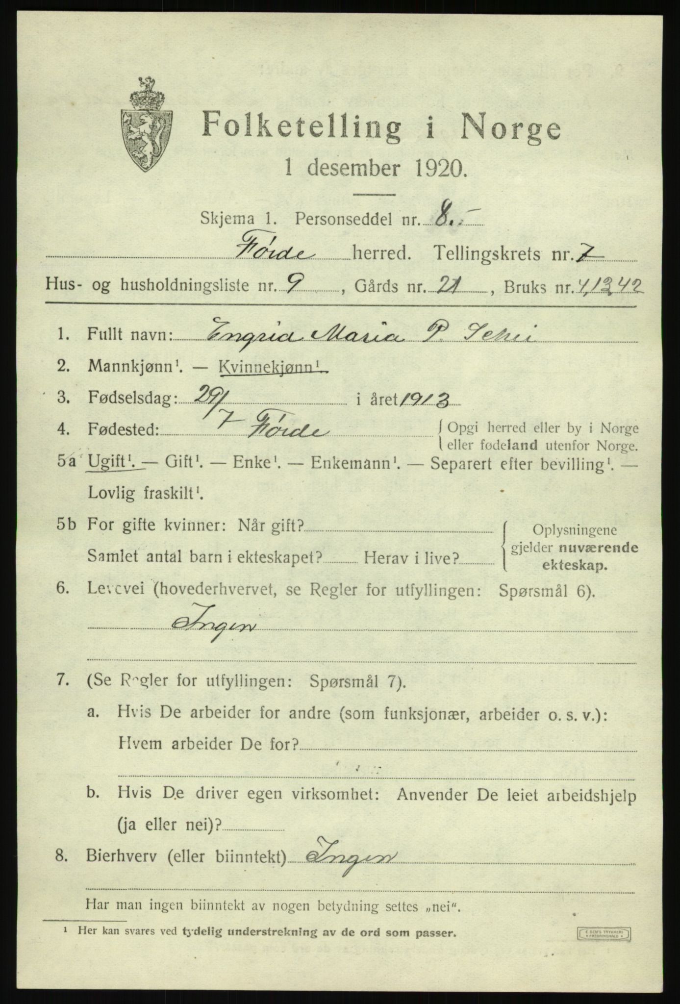 SAB, 1920 census for Førde, 1920, p. 2498