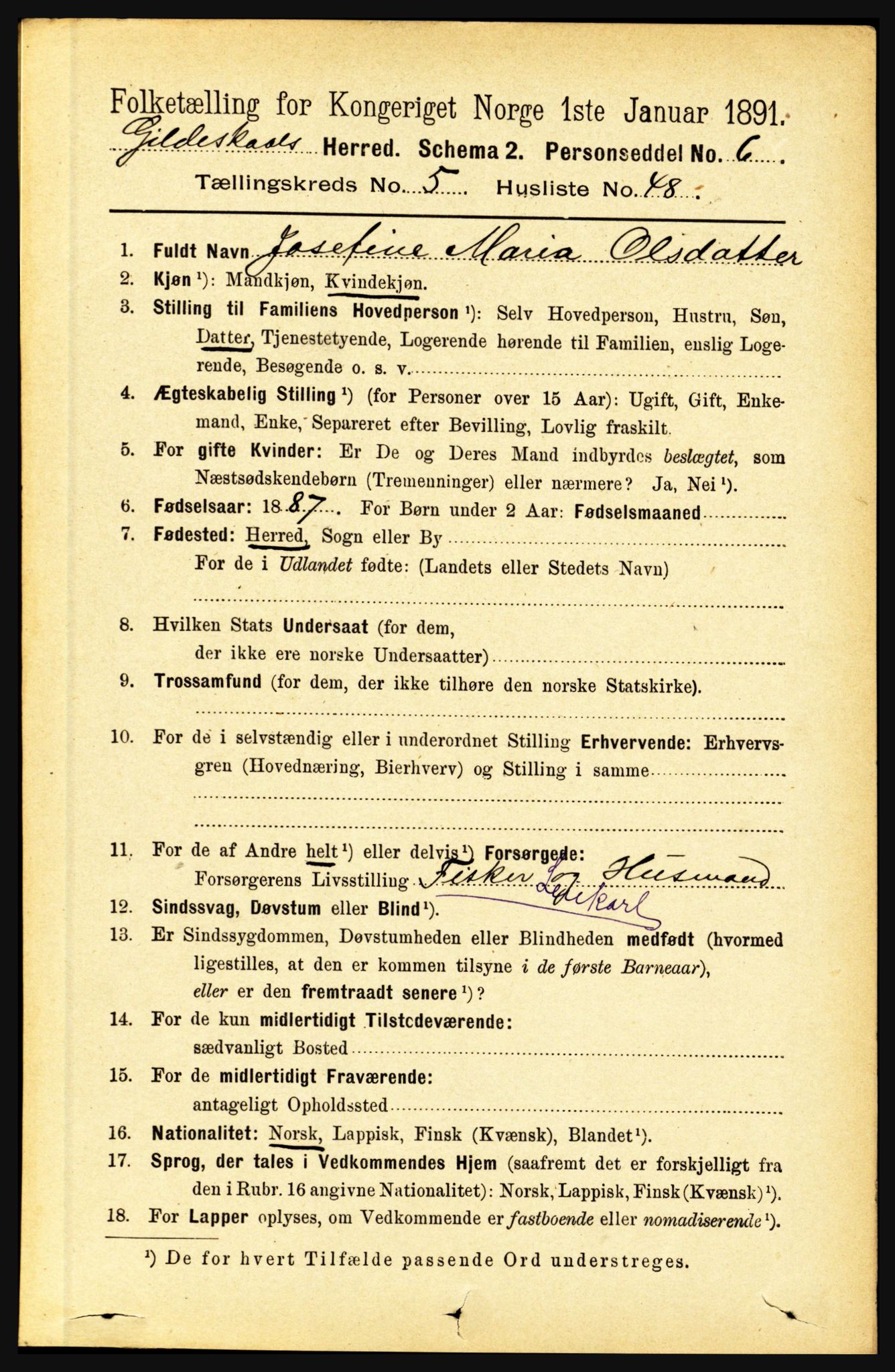 RA, 1891 census for 1838 Gildeskål, 1891, p. 1855