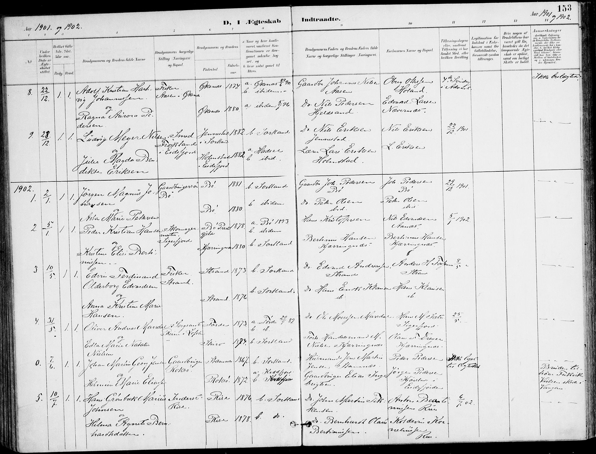 Ministerialprotokoller, klokkerbøker og fødselsregistre - Nordland, AV/SAT-A-1459/895/L1372: Parish register (official) no. 895A07, 1894-1914, p. 153