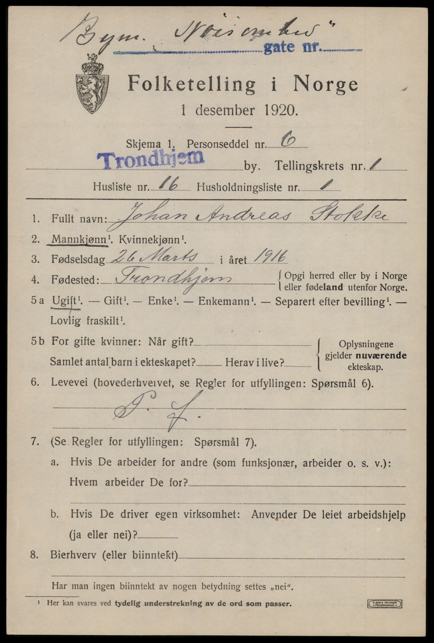 SAT, 1920 census for Trondheim, 1920, p. 32918