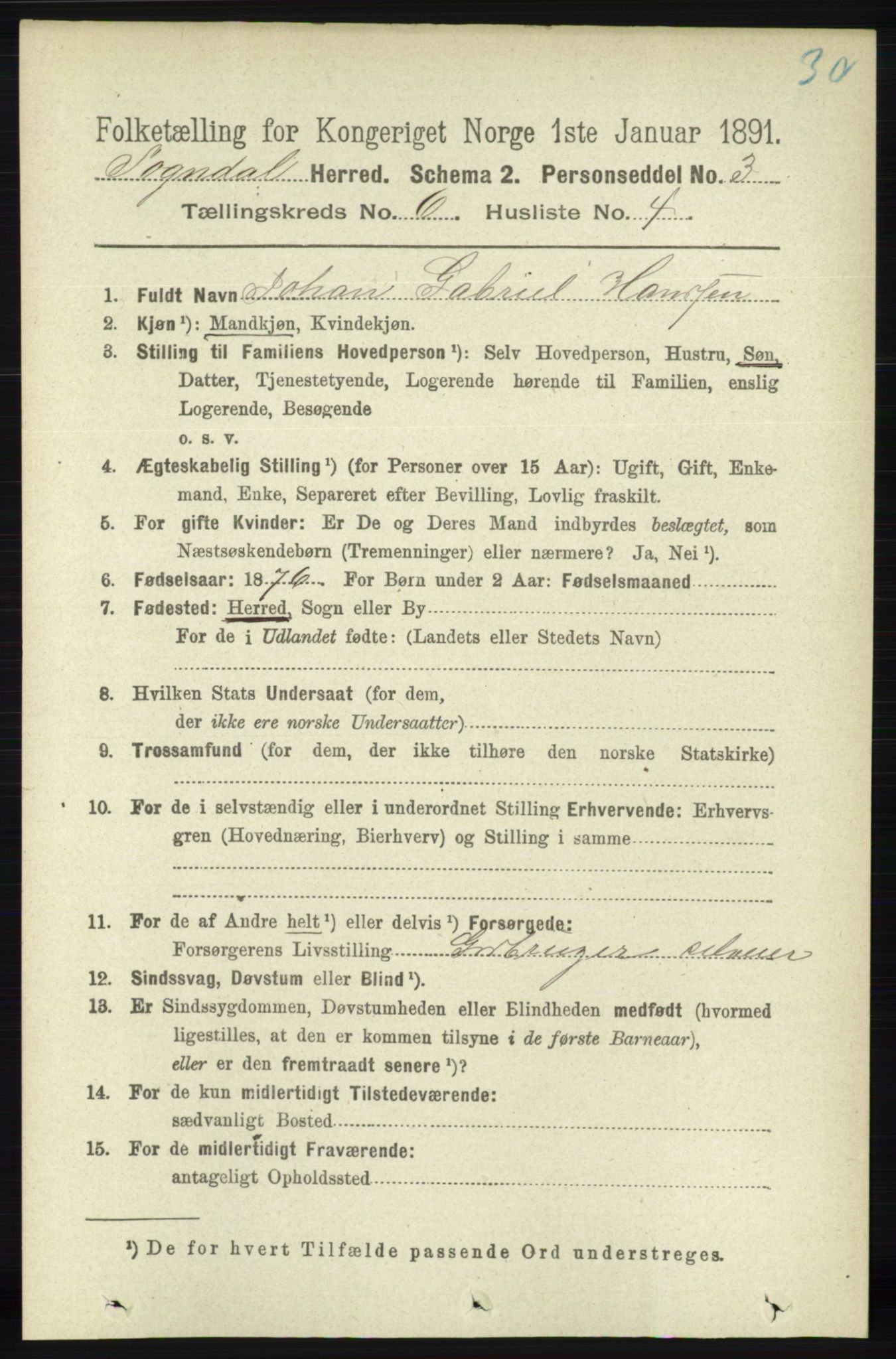 RA, 1891 census for 1111 Sokndal, 1891, p. 1657