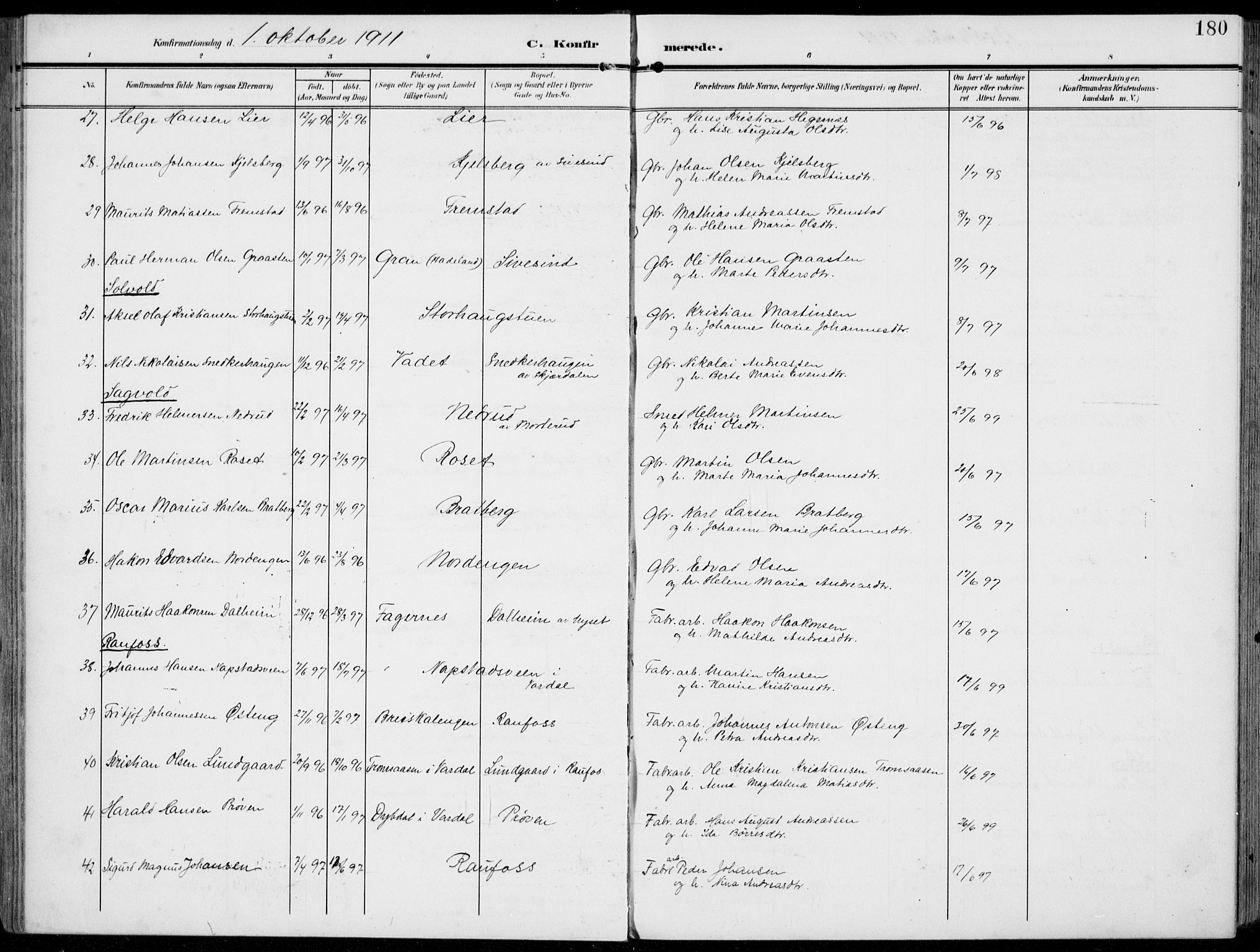 Vestre Toten prestekontor, AV/SAH-PREST-108/H/Ha/Haa/L0014: Parish register (official) no. 14, 1907-1920, p. 180