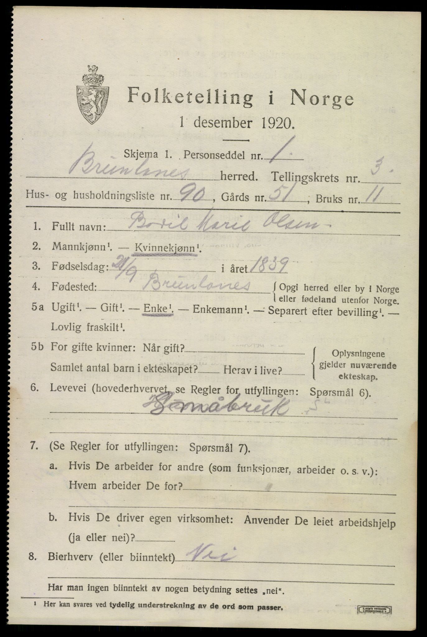 SAKO, 1920 census for Brunlanes, 1920, p. 5775