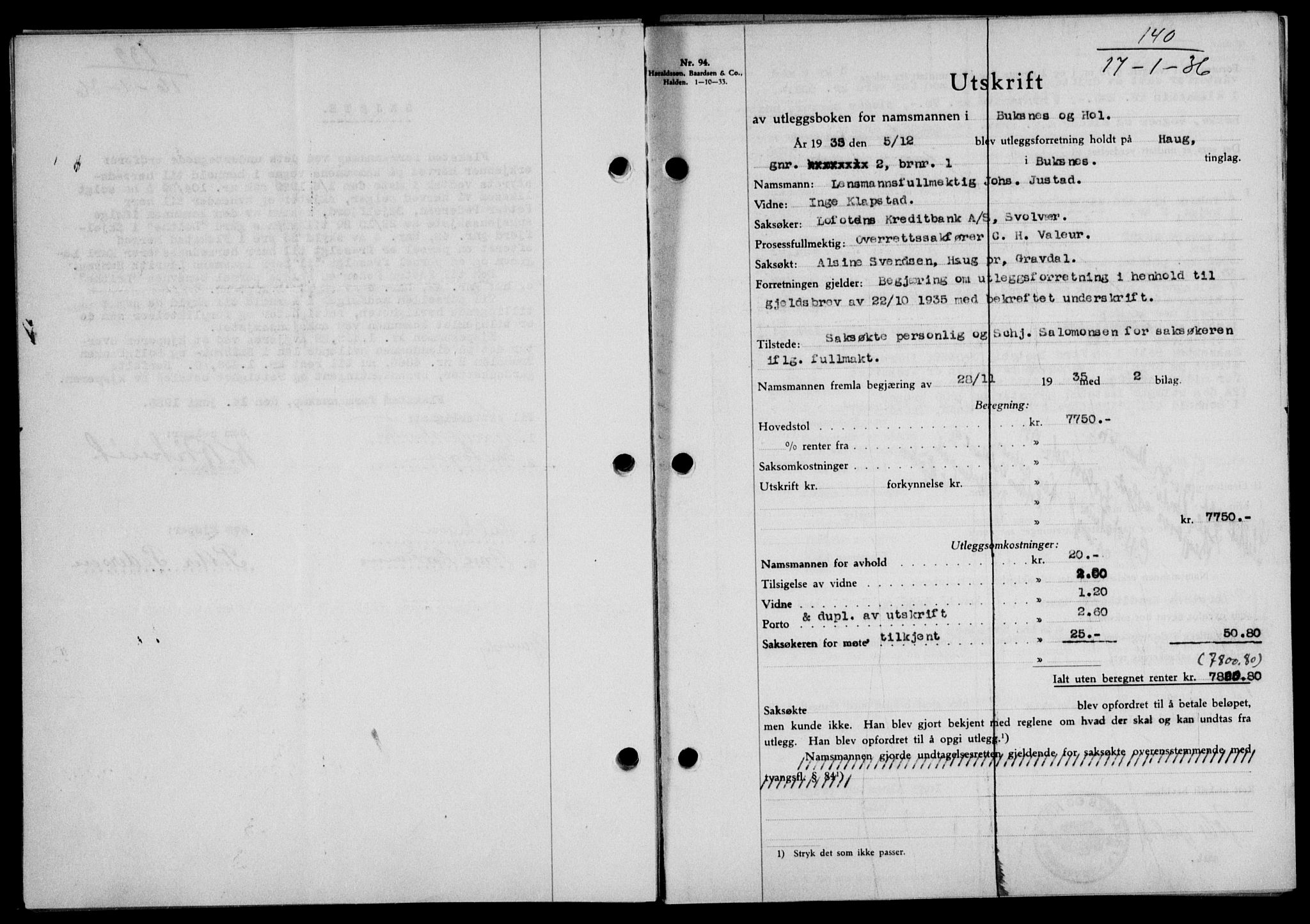 Lofoten sorenskriveri, SAT/A-0017/1/2/2C/L0033b: Mortgage book no. 33b, 1936-1936, Diary no: : 140/1936