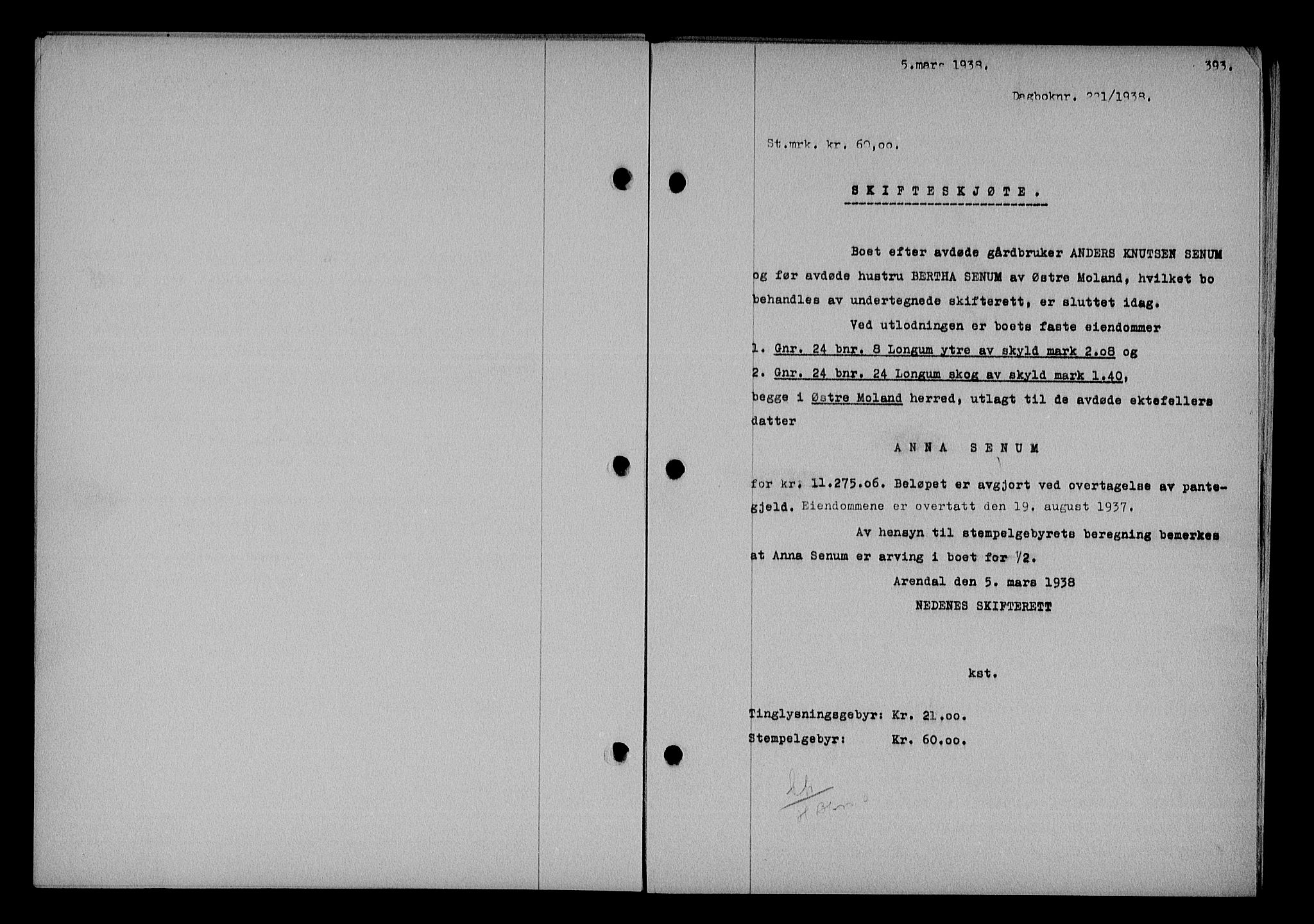 Nedenes sorenskriveri, SAK/1221-0006/G/Gb/Gba/L0044: Mortgage book no. 40, 1937-1938, Diary no: : 221/1938