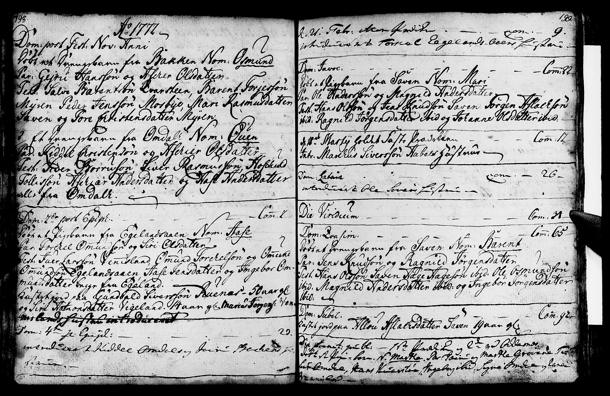 Vennesla sokneprestkontor, SAK/1111-0045/Fa/Fab/L0001: Parish register (official) no. A 1, 1741-1794, p. 198-199