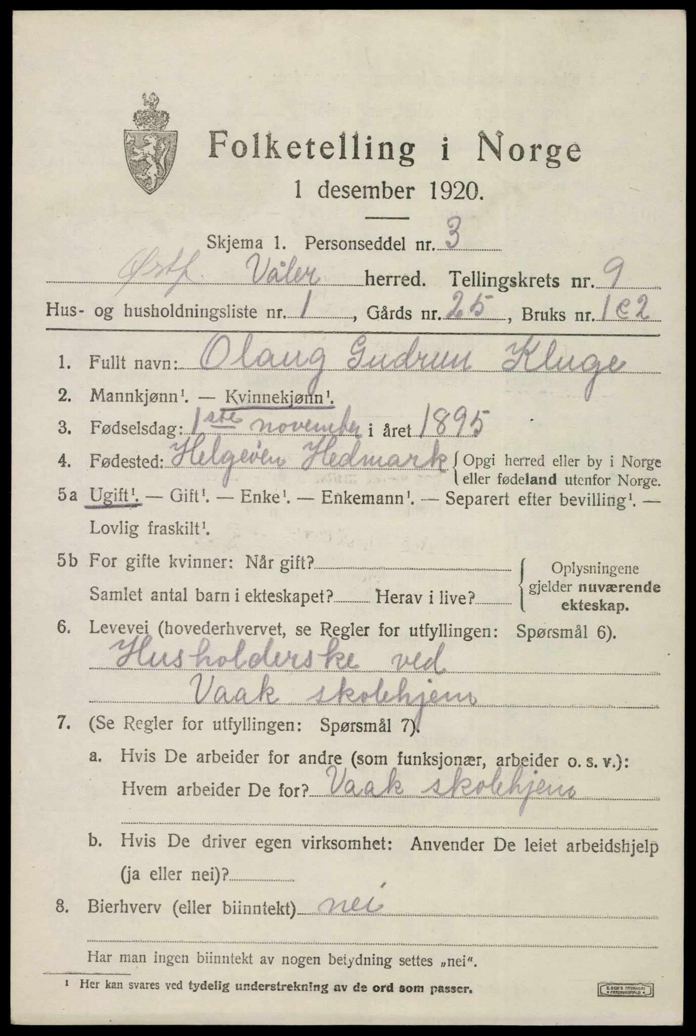 SAO, 1920 census for Våler, 1920, p. 4588