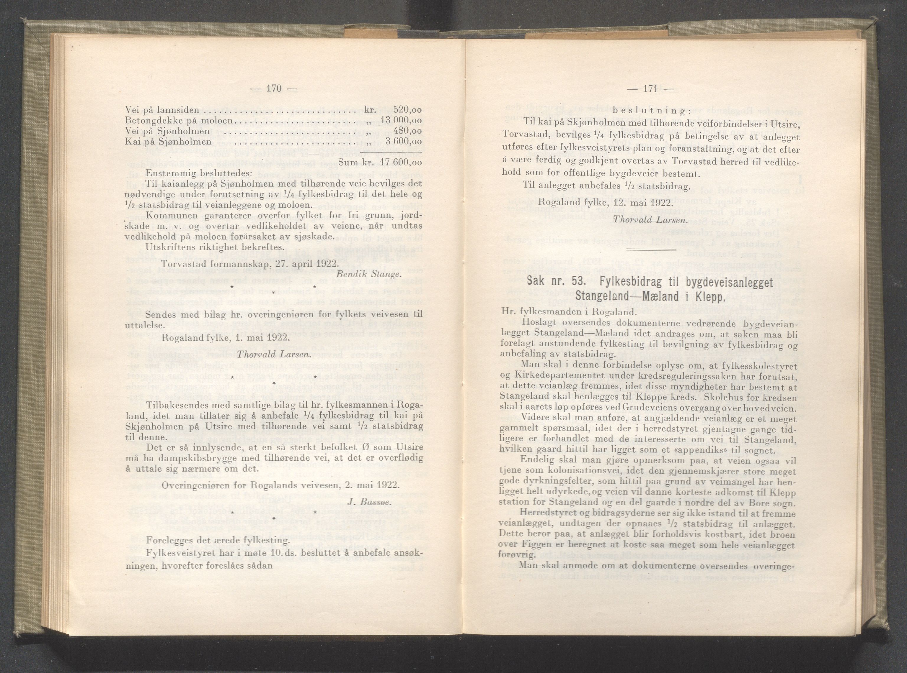 Rogaland fylkeskommune - Fylkesrådmannen , IKAR/A-900/A/Aa/Aaa/L0041: Møtebok , 1922, p. 170-171