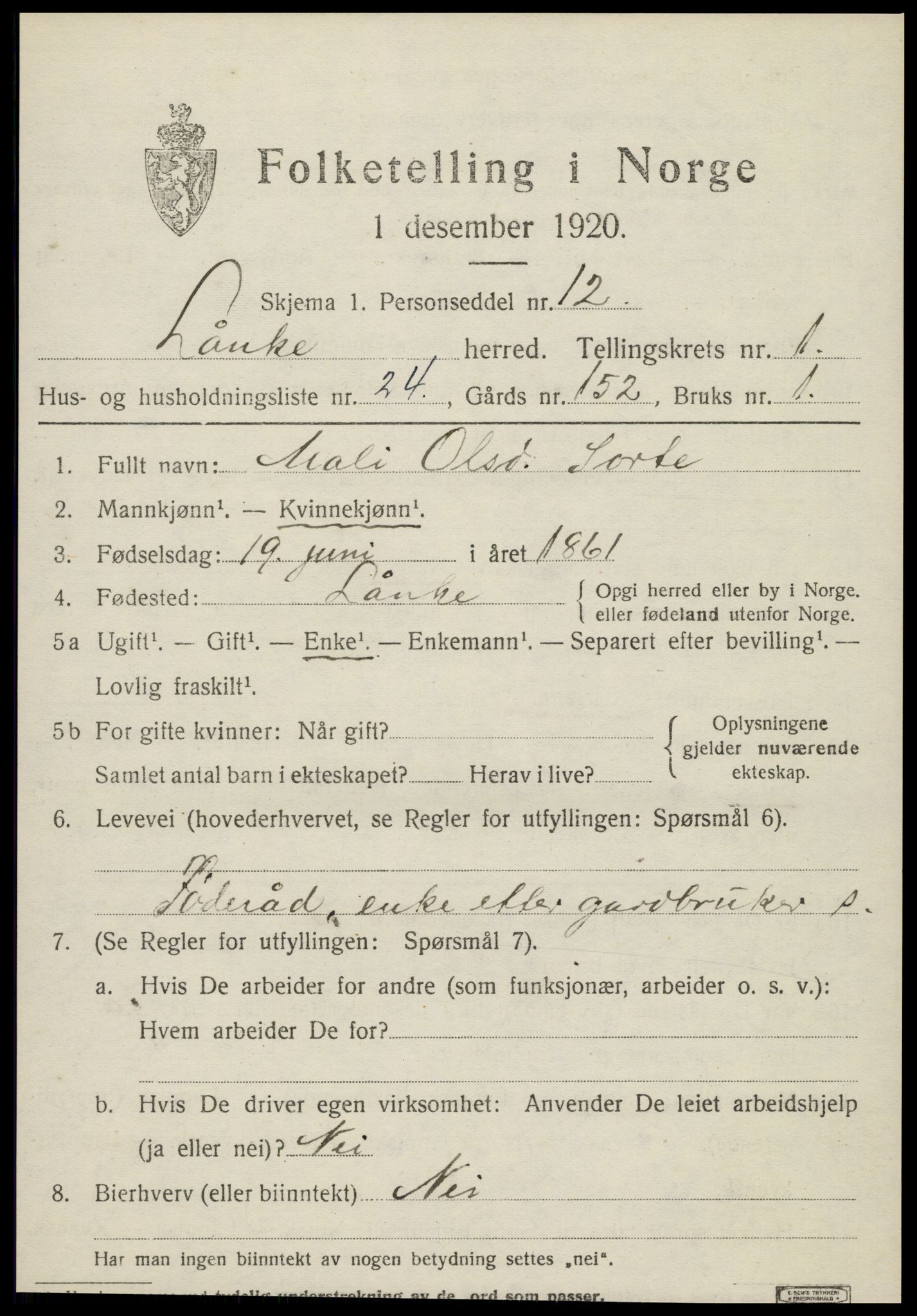 SAT, 1920 census for Lånke, 1920, p. 820