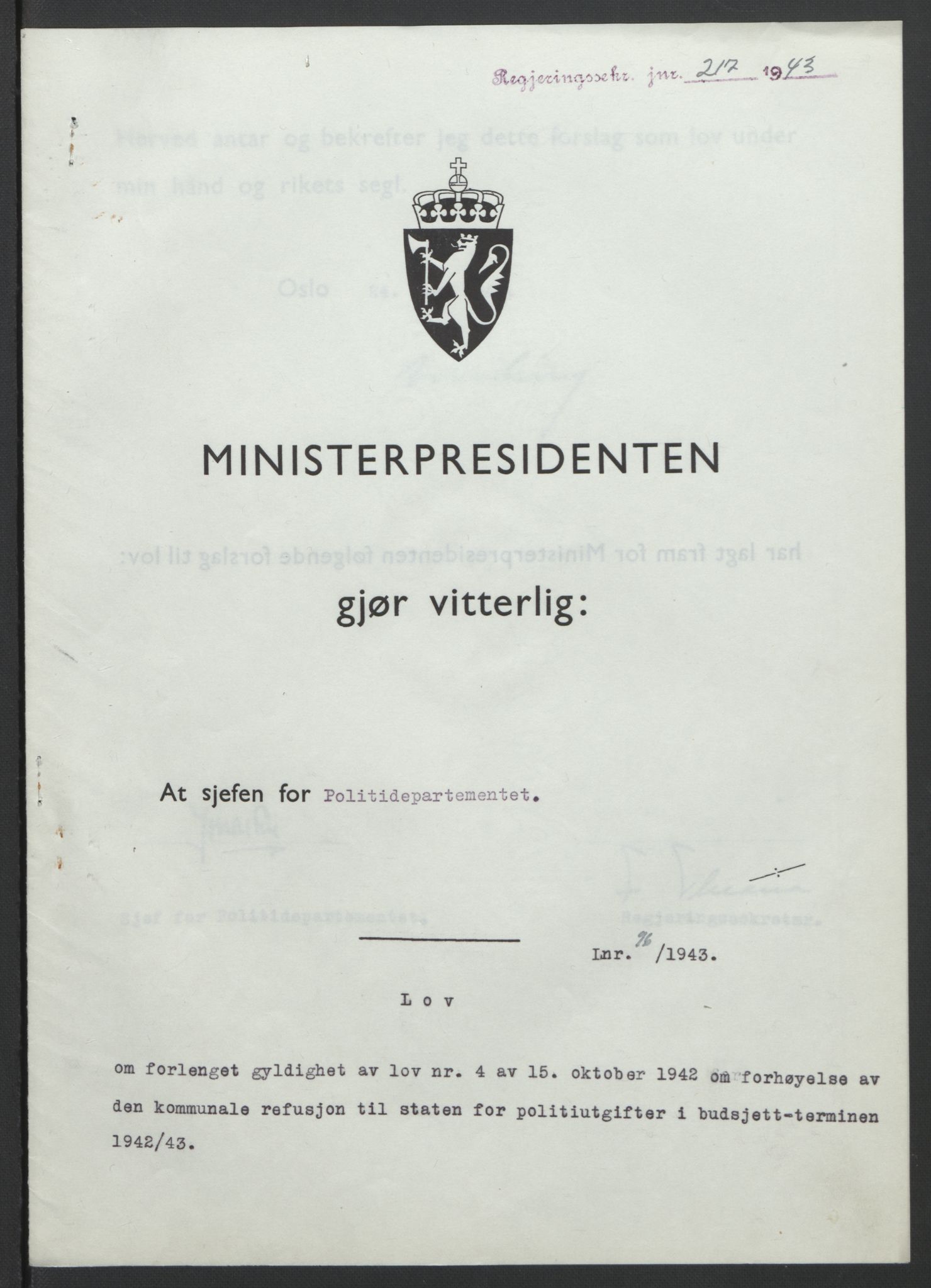 NS-administrasjonen 1940-1945 (Statsrådsekretariatet, de kommisariske statsråder mm), RA/S-4279/D/Db/L0099: Lover, 1943, p. 436