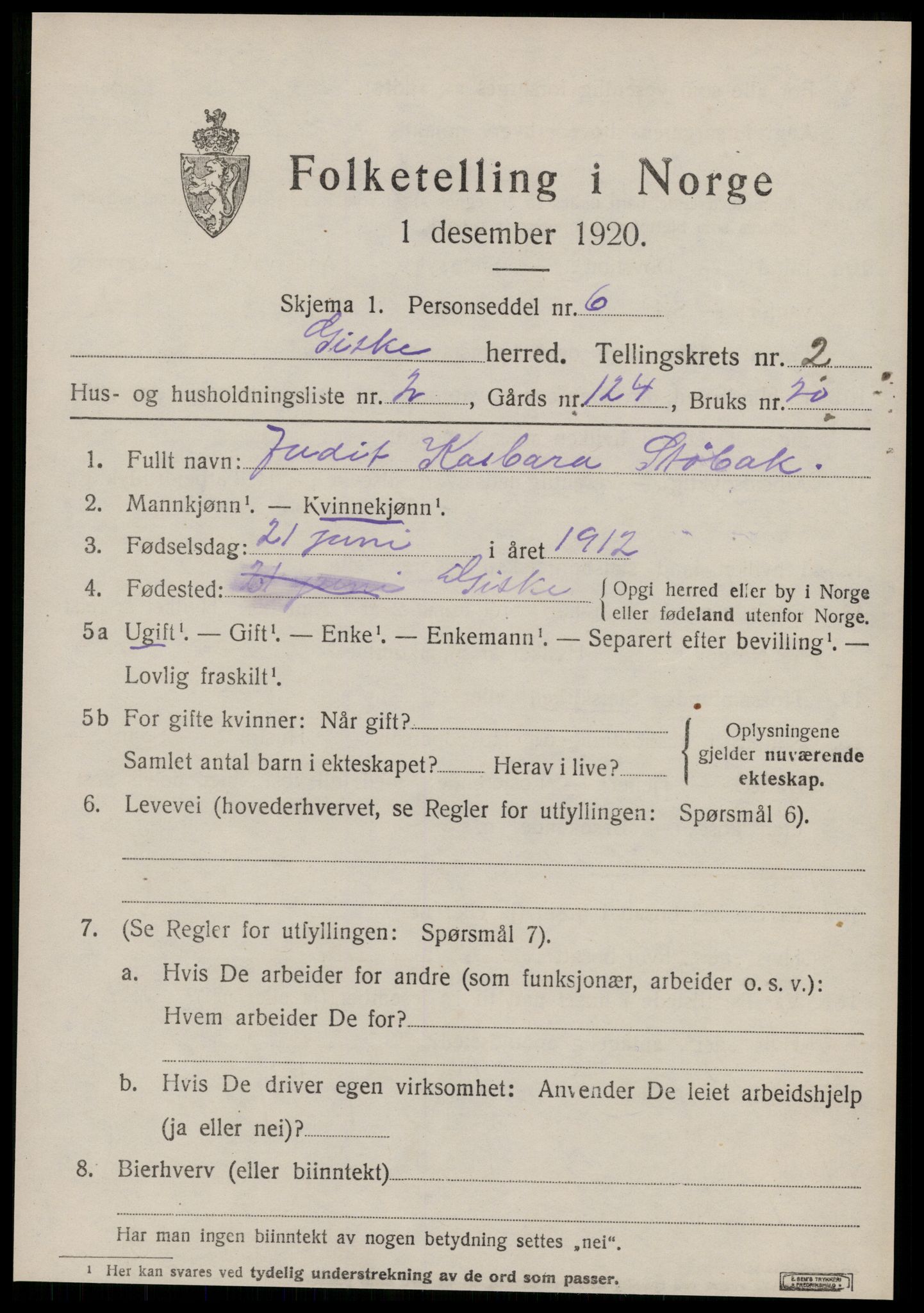 SAT, 1920 census for Giske, 1920, p. 890