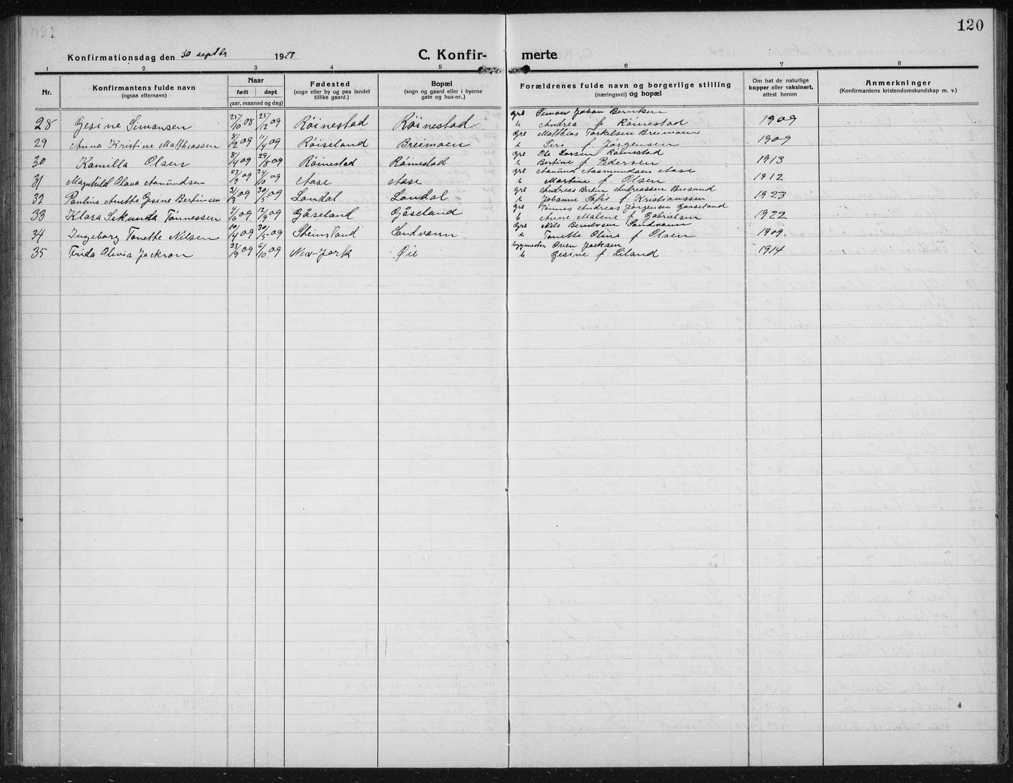 Kvinesdal sokneprestkontor, SAK/1111-0026/F/Fb/Fbb/L0004: Parish register (copy) no. B 4, 1917-1938, p. 120