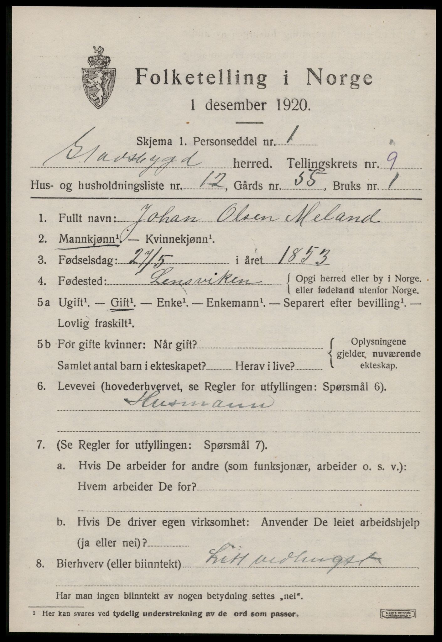 SAT, 1920 census for Stadsbygd, 1920, p. 4412