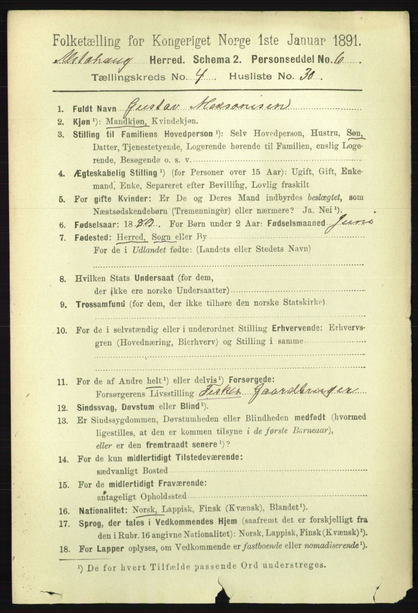 RA, 1891 census for 1820 Alstahaug, 1891, p. 1718