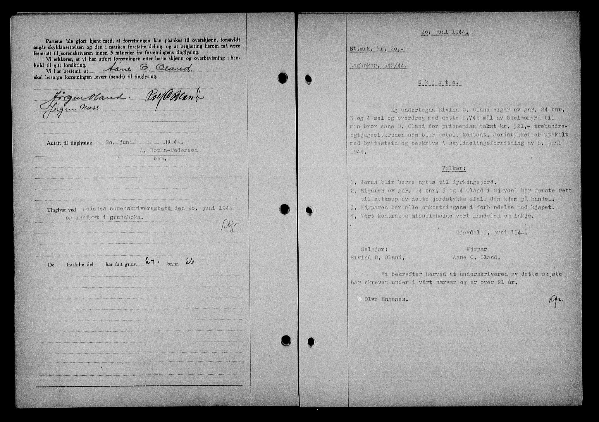Nedenes sorenskriveri, SAK/1221-0006/G/Gb/Gba/L0051: Mortgage book no. A-V, 1943-1944, Diary no: : 542/1944