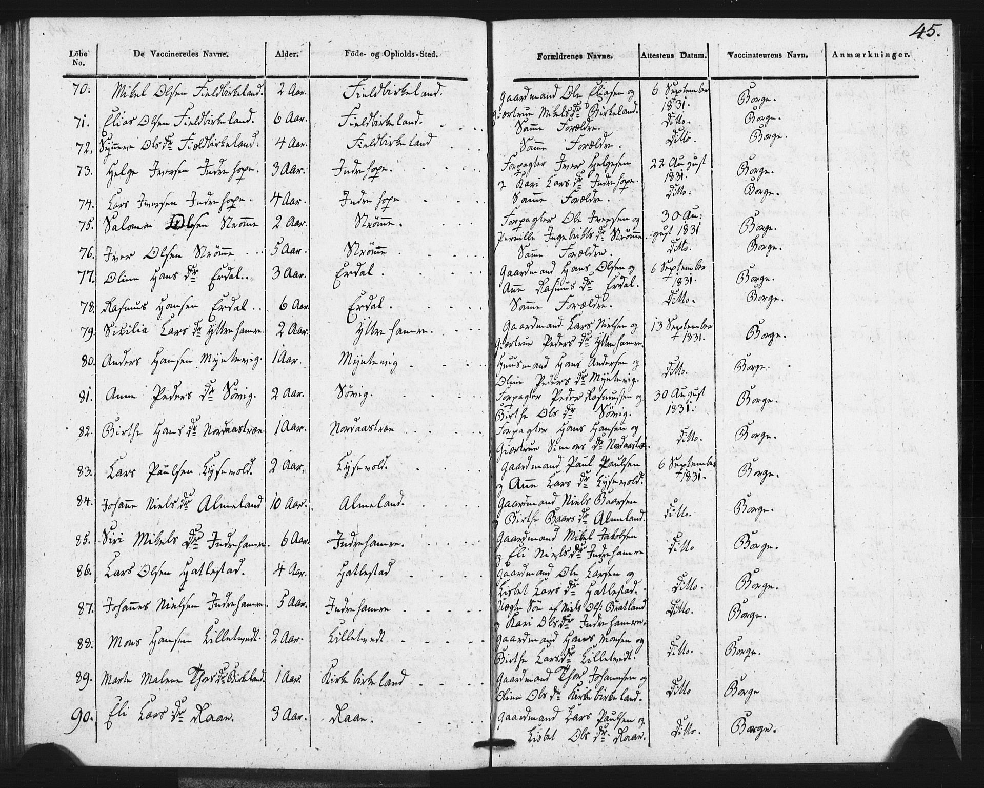 Fana Sokneprestembete, AV/SAB-A-75101/H/Haa/Haaa/L0013: Parish register (official) no. A 13, 1819-1833, p. 45