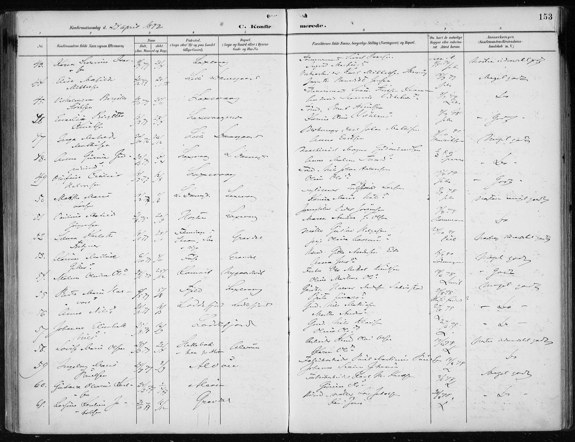 Askøy Sokneprestembete, AV/SAB-A-74101/H/Ha/Haa/Haae/L0003: Parish register (official) no. E 3, 1891-1903, p. 153