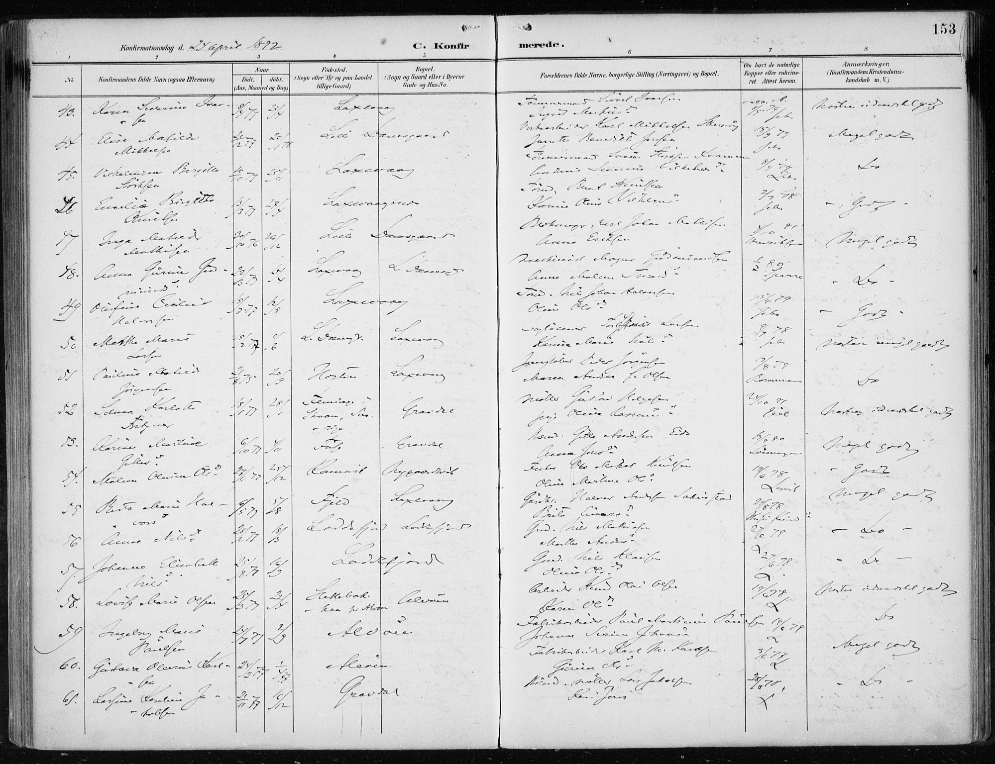 Askøy Sokneprestembete, SAB/A-74101/H/Ha/Haa/Haae/L0003: Parish register (official) no. E 3, 1891-1903, p. 153