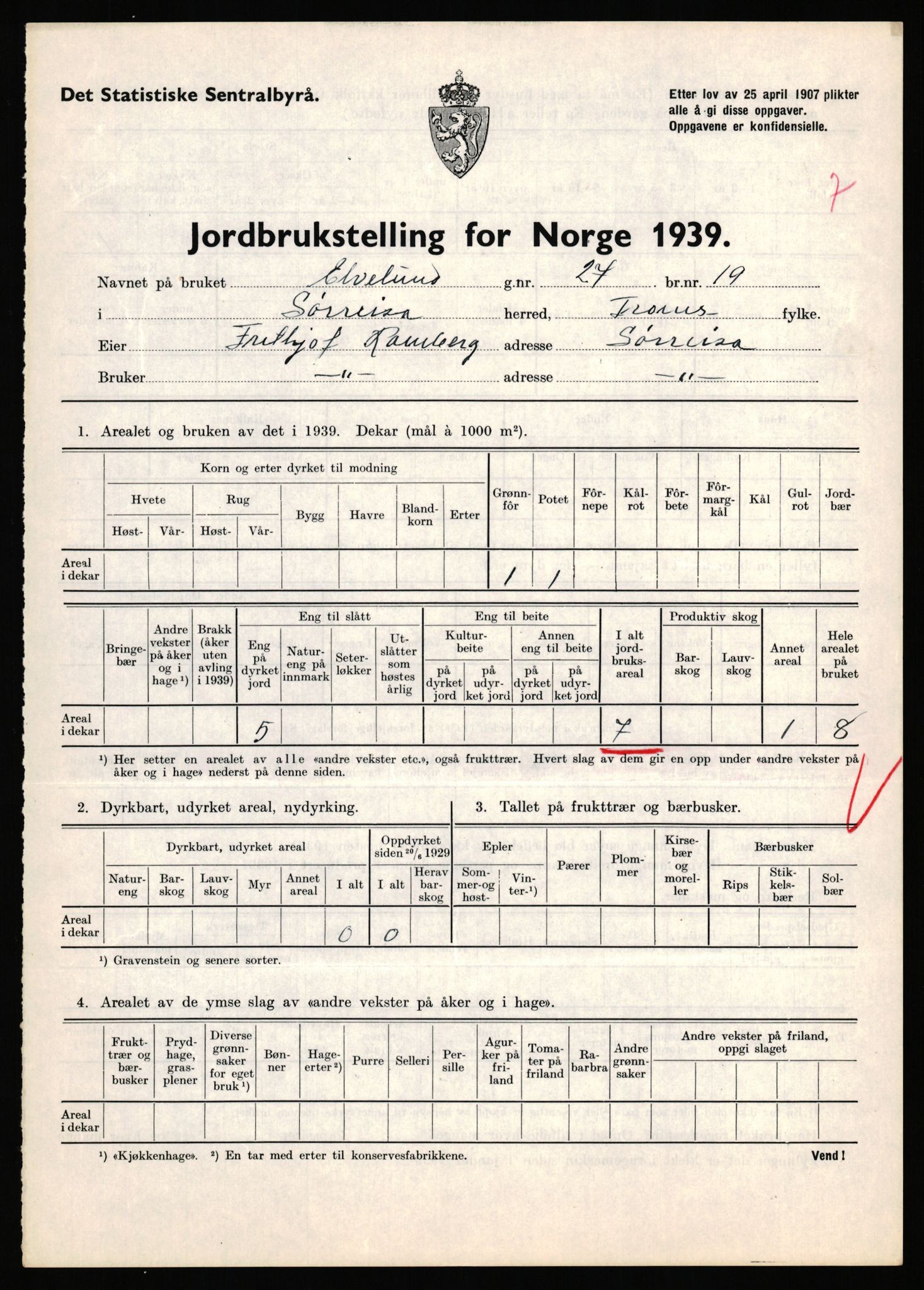 Statistisk sentralbyrå, Næringsøkonomiske emner, Jordbruk, skogbruk, jakt, fiske og fangst, AV/RA-S-2234/G/Gb/L0341: Troms: Sørreisa og Tranøy, 1939, p. 108