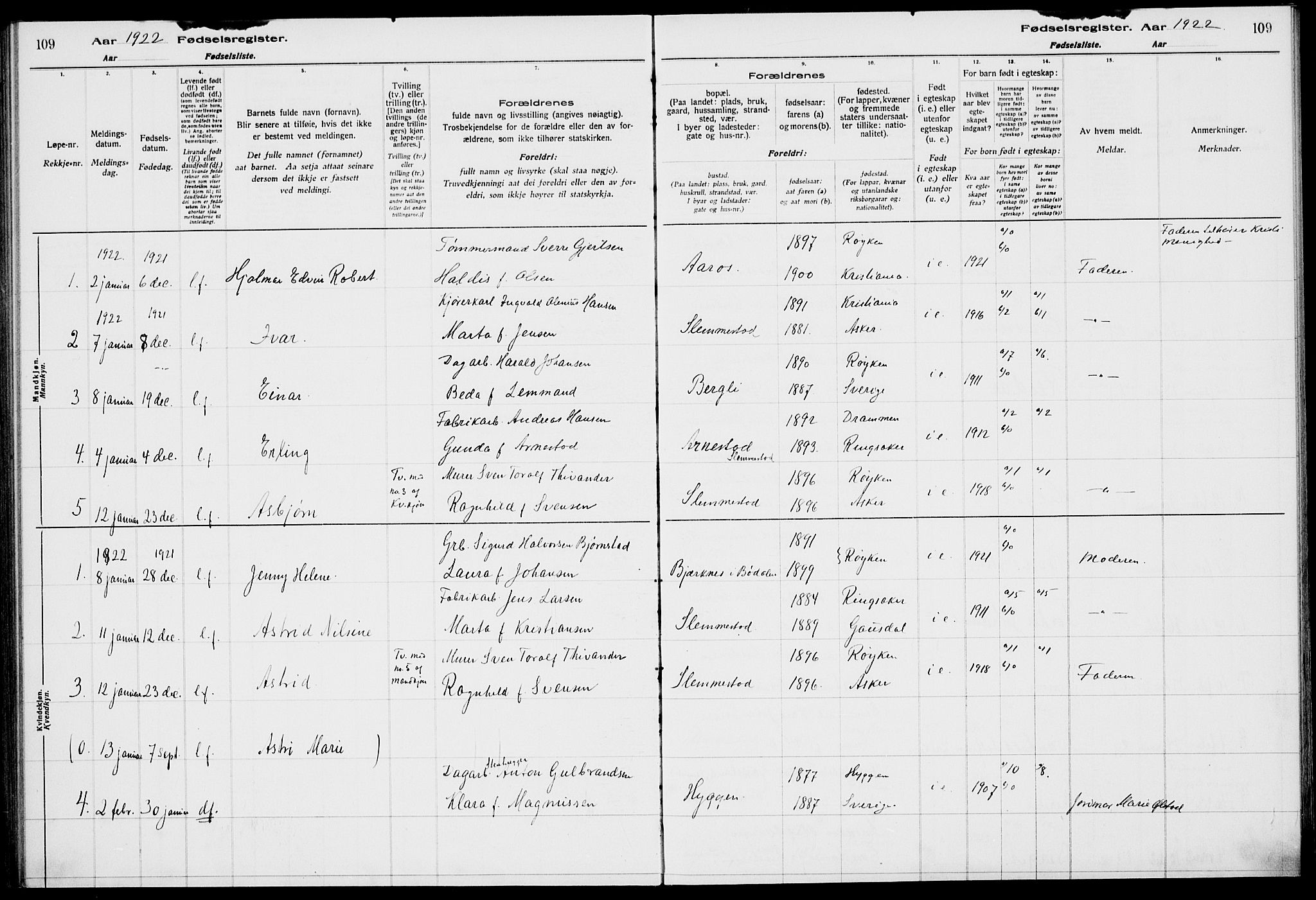 Røyken kirkebøker, AV/SAKO-A-241/J/Ja/L0001: Birth register no. 1, 1916-1927, p. 109