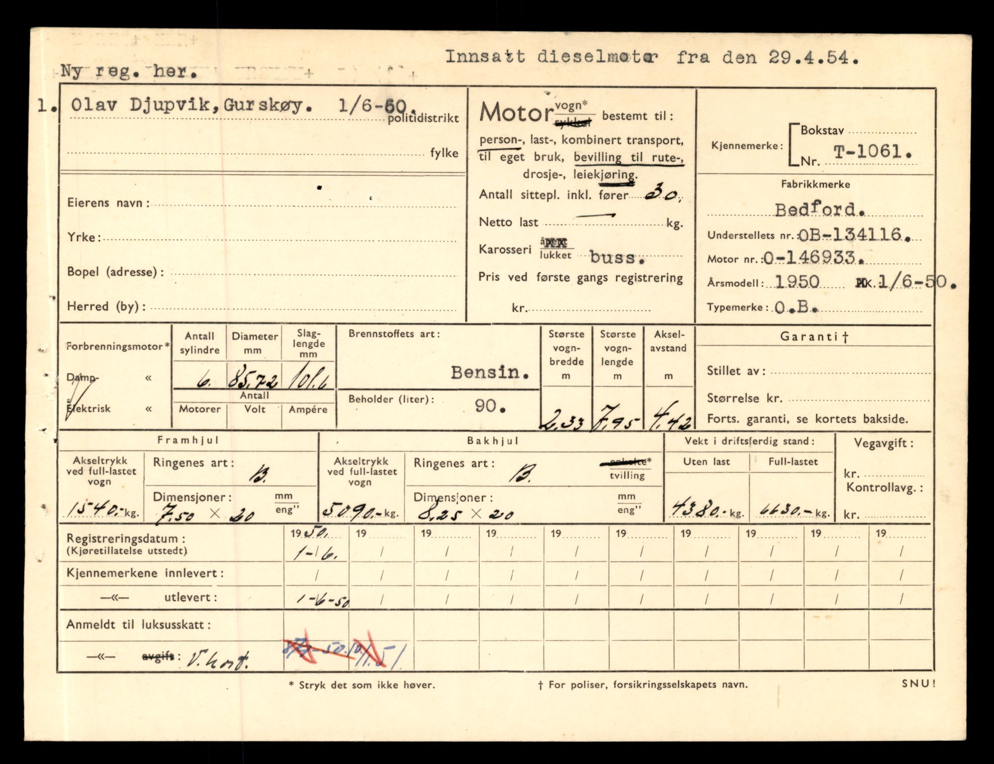 Møre og Romsdal vegkontor - Ålesund trafikkstasjon, AV/SAT-A-4099/F/Fe/L0010: Registreringskort for kjøretøy T 1050 - T 1169, 1927-1998, p. 300