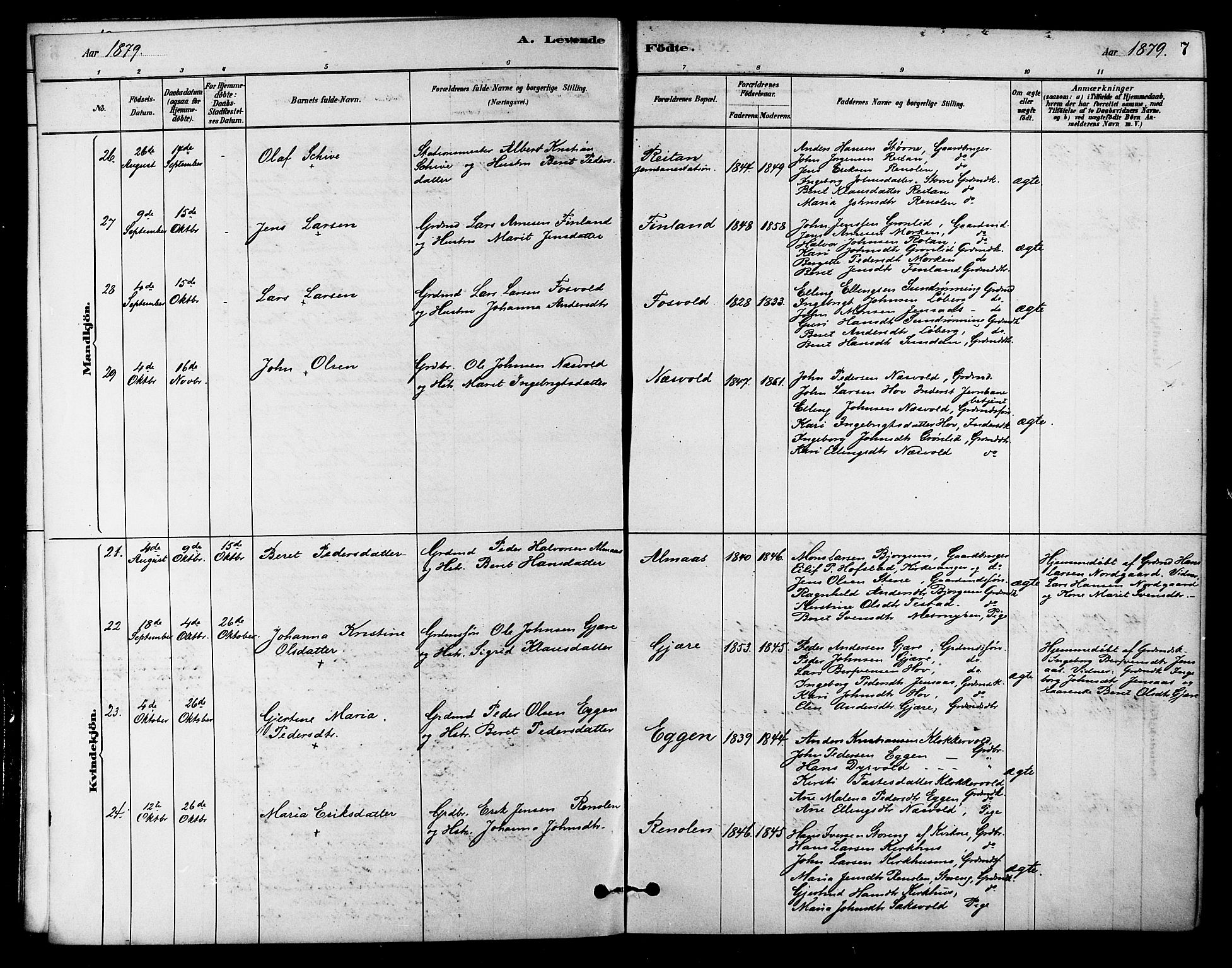 Ministerialprotokoller, klokkerbøker og fødselsregistre - Sør-Trøndelag, SAT/A-1456/686/L0983: Parish register (official) no. 686A01, 1879-1890, p. 7