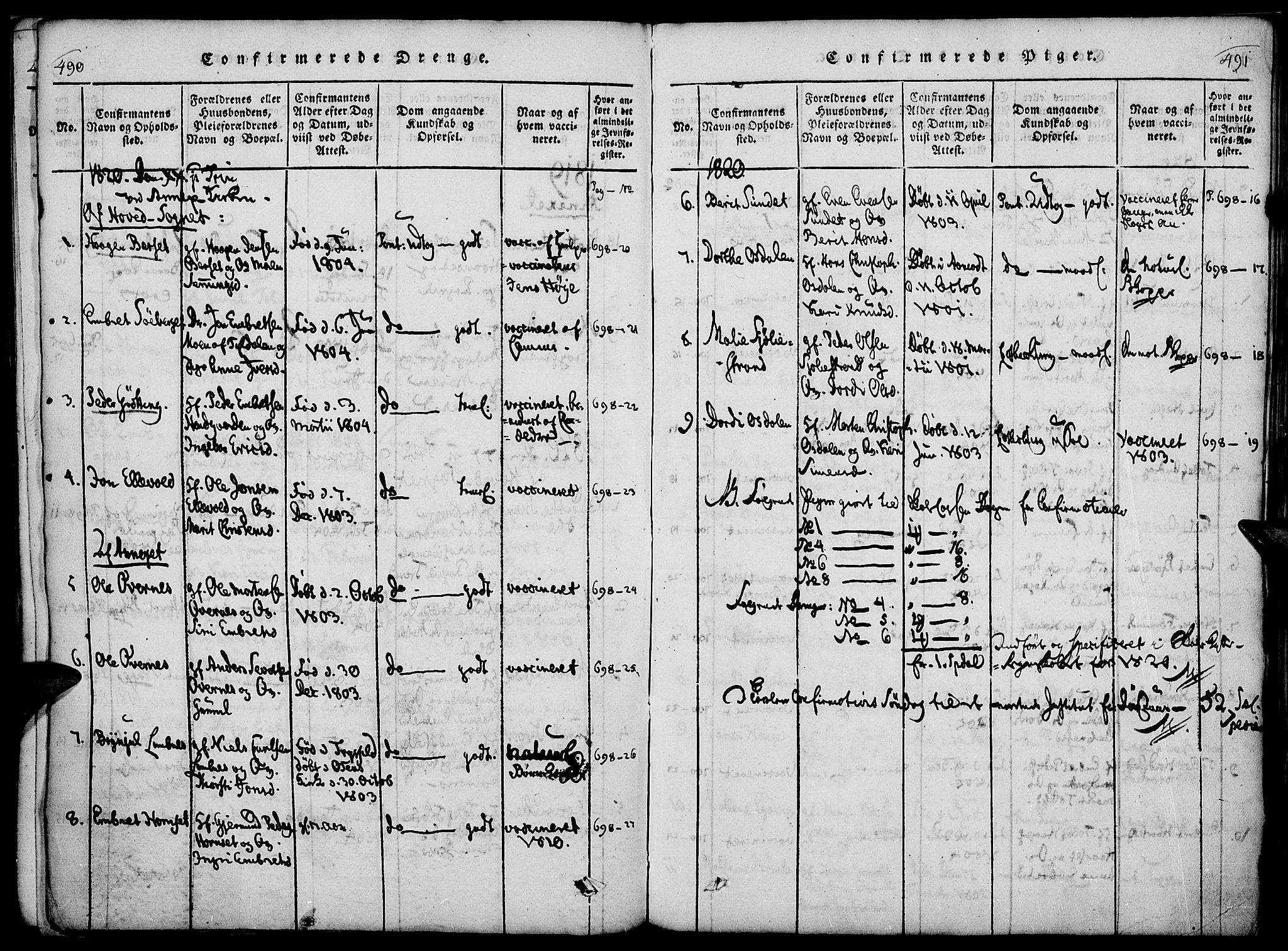 Rendalen prestekontor, SAH/PREST-054/H/Ha/Haa/L0003: Parish register (official) no. 3, 1815-1829, p. 490-491