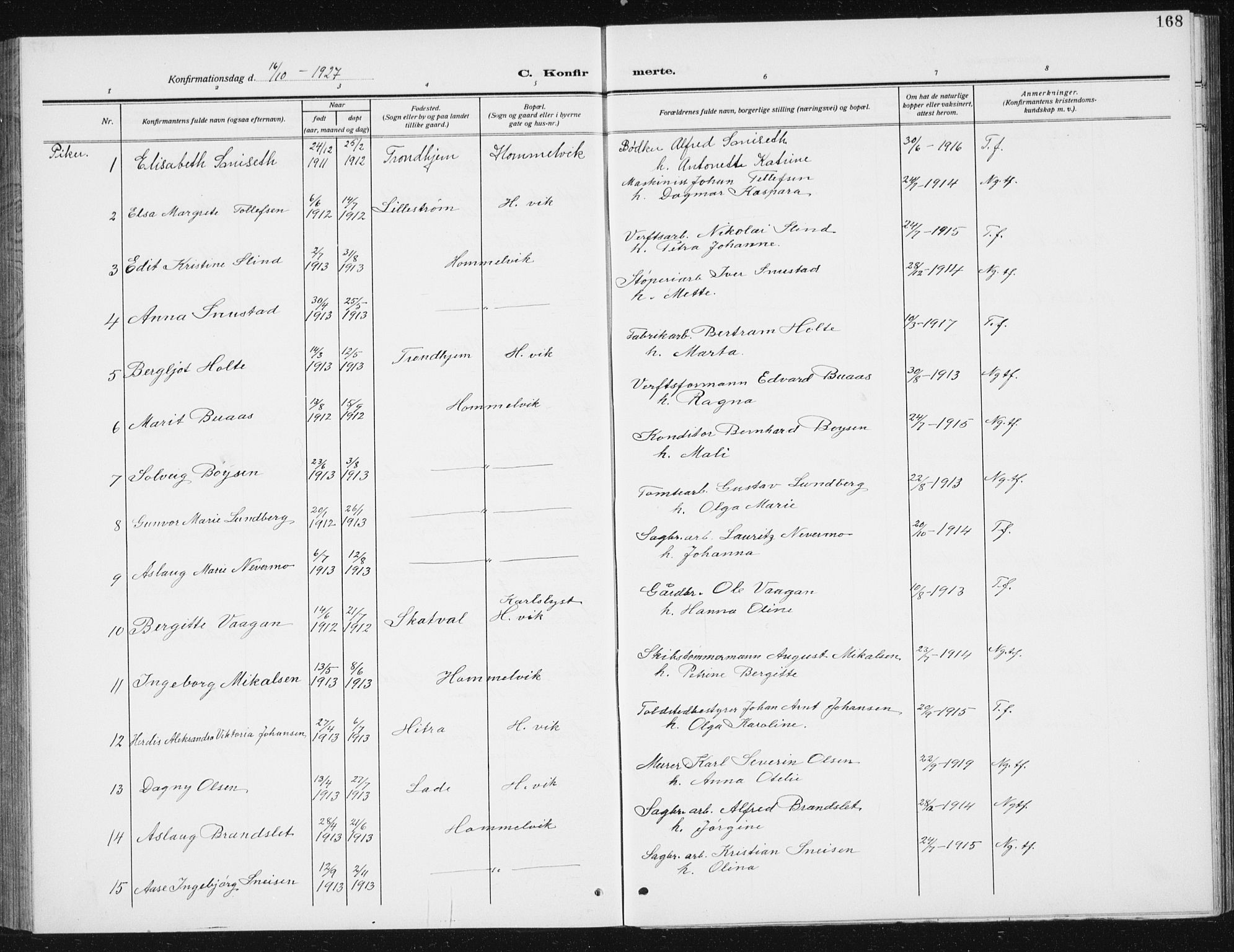 Ministerialprotokoller, klokkerbøker og fødselsregistre - Sør-Trøndelag, SAT/A-1456/617/L0431: Parish register (copy) no. 617C02, 1910-1936, p. 168