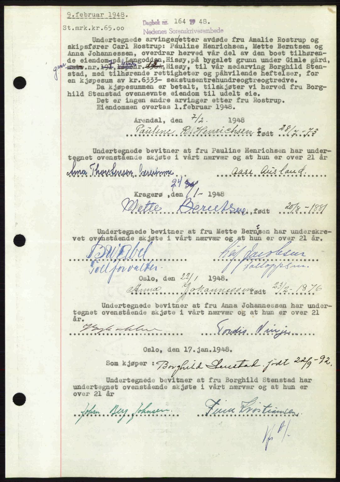 Nedenes sorenskriveri, SAK/1221-0006/G/Gb/Gba/L0058: Mortgage book no. A10, 1947-1948, Diary no: : 164/1948