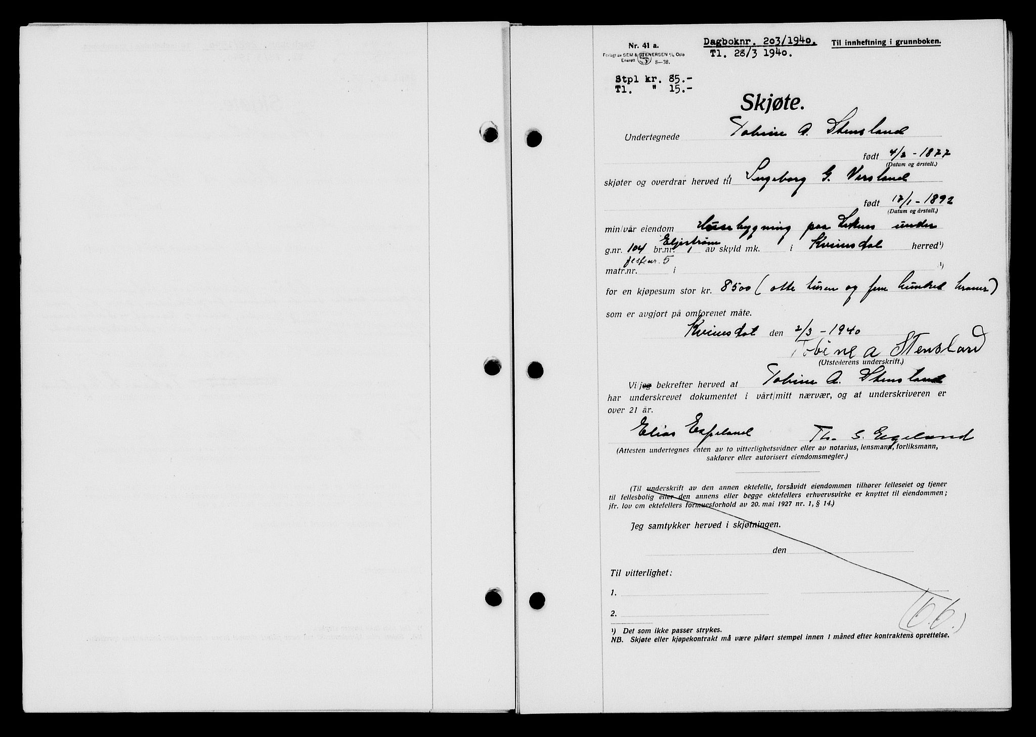 Flekkefjord sorenskriveri, AV/SAK-1221-0001/G/Gb/Gba/L0056: Mortgage book no. A-4, 1940-1941, Diary no: : 203/1940