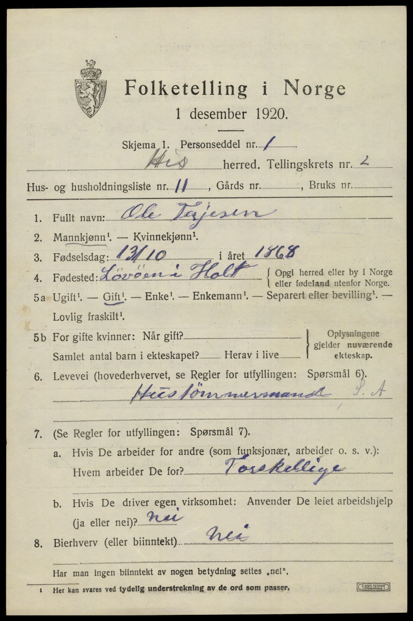 SAK, 1920 census for Hisøy, 1920, p. 2514