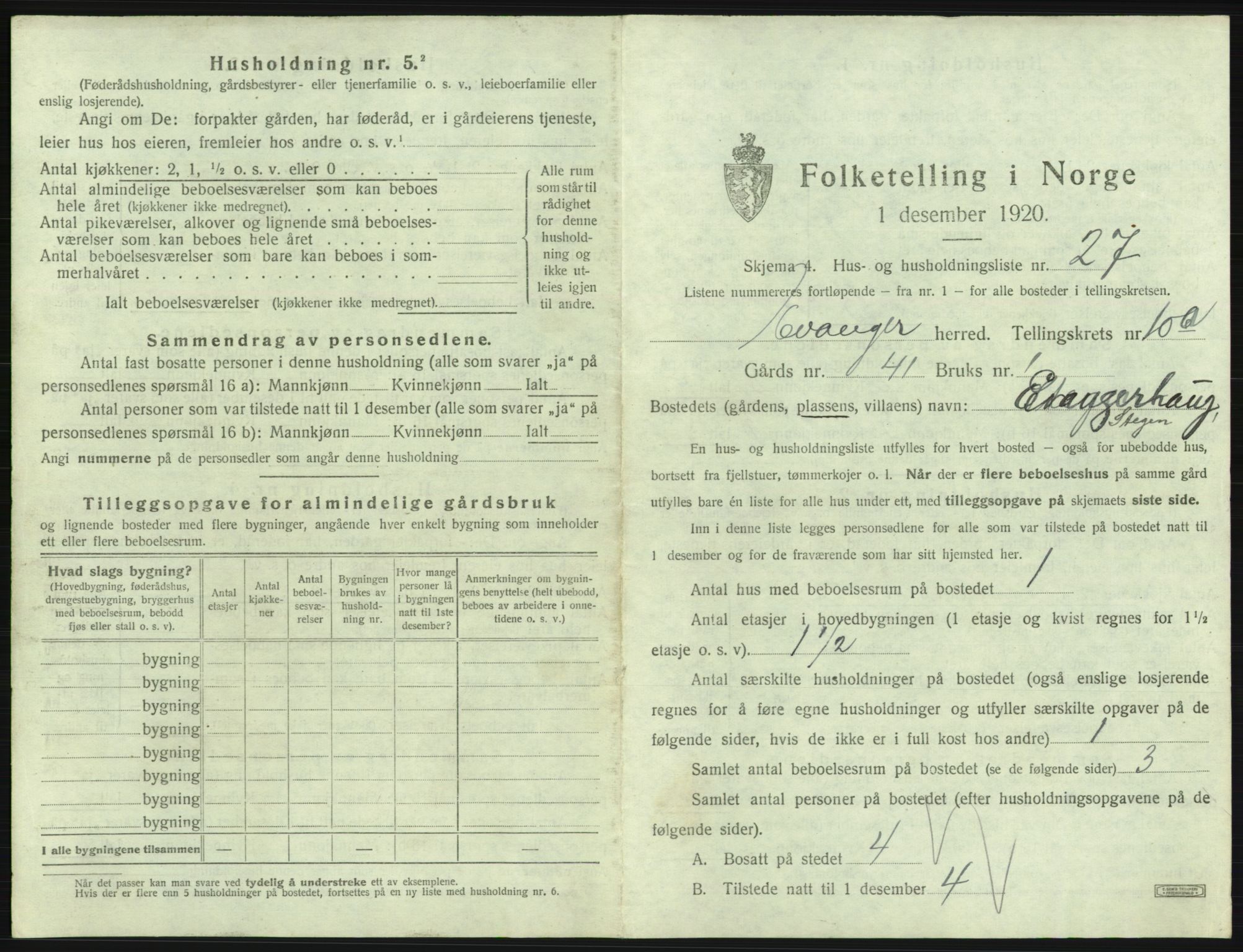 SAB, 1920 census for Evanger, 1920, p. 509