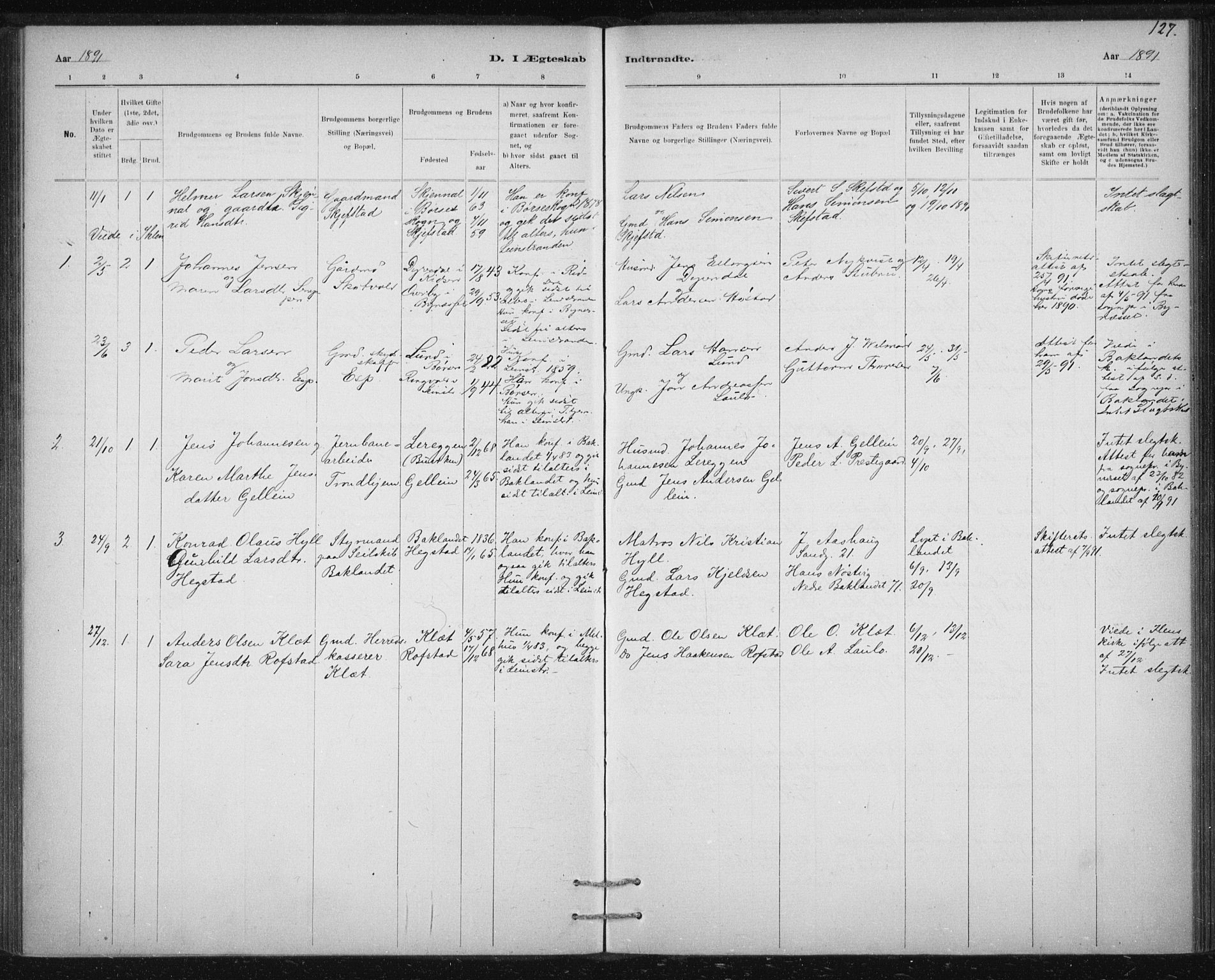 Ministerialprotokoller, klokkerbøker og fødselsregistre - Sør-Trøndelag, SAT/A-1456/613/L0392: Parish register (official) no. 613A01, 1887-1906, p. 127