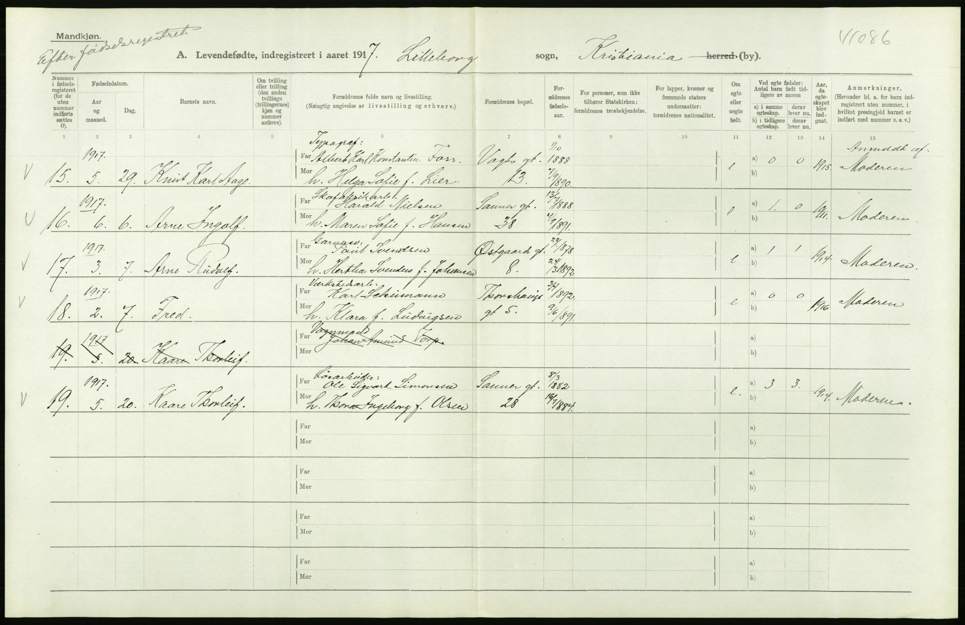 Statistisk sentralbyrå, Sosiodemografiske emner, Befolkning, AV/RA-S-2228/D/Df/Dfb/Dfbg/L0006: Kristiania: Levendefødte menn og kvinner., 1917, p. 390