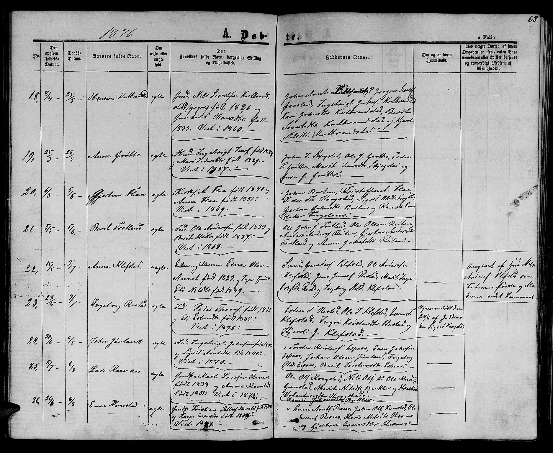 Ministerialprotokoller, klokkerbøker og fødselsregistre - Sør-Trøndelag, AV/SAT-A-1456/694/L1131: Parish register (copy) no. 694C03, 1858-1886, p. 63