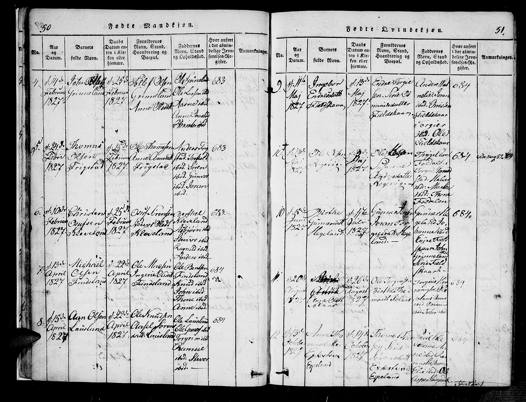 Bjelland sokneprestkontor, AV/SAK-1111-0005/F/Fa/Fab/L0002: Parish register (official) no. A 2, 1816-1869, p. 50-51